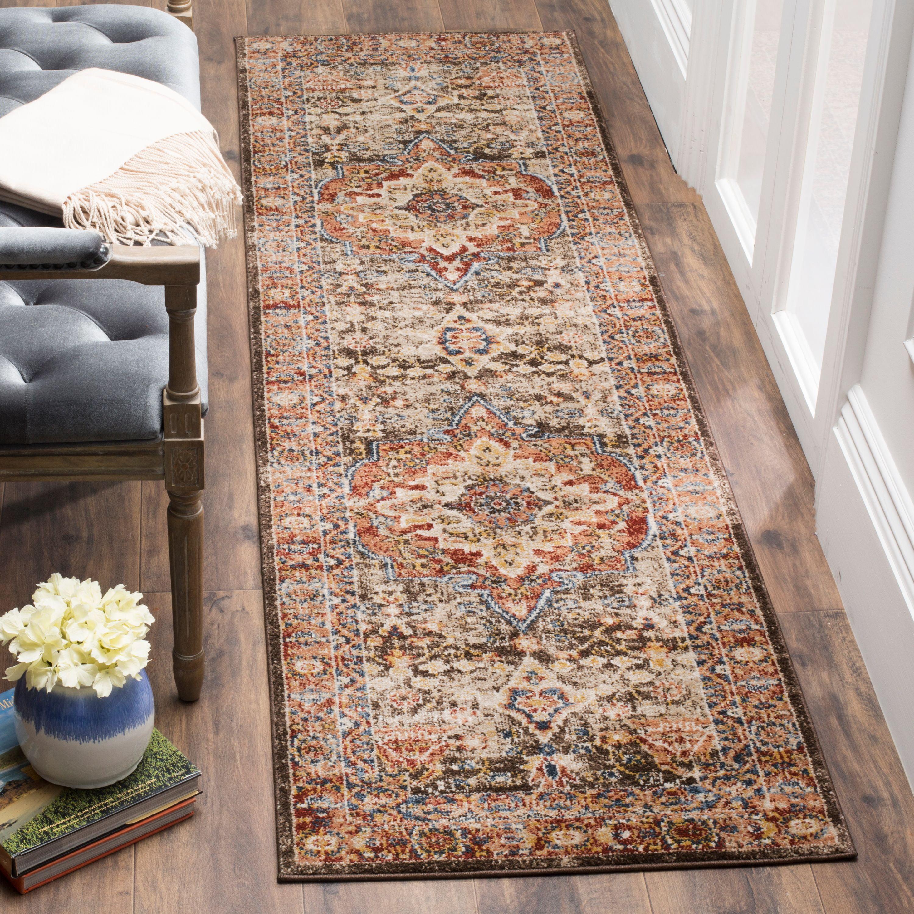 Bijar Brown and Rust Floral Motif Wool Runner Rug