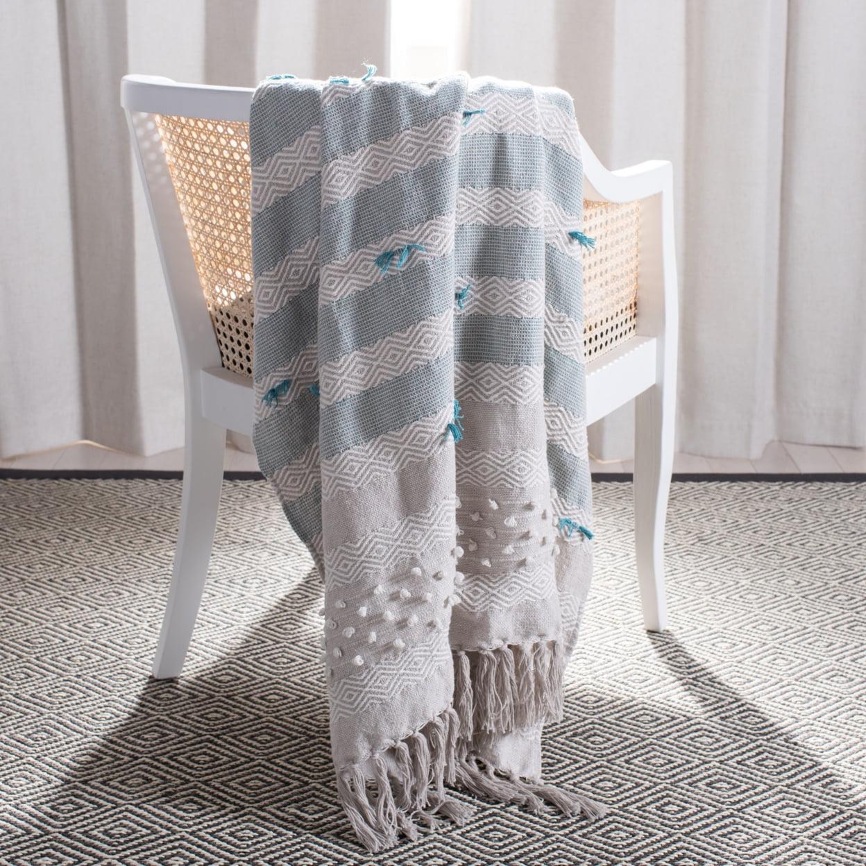 Beige & Teal Chevron Cotton Throw Blanket with Fringe