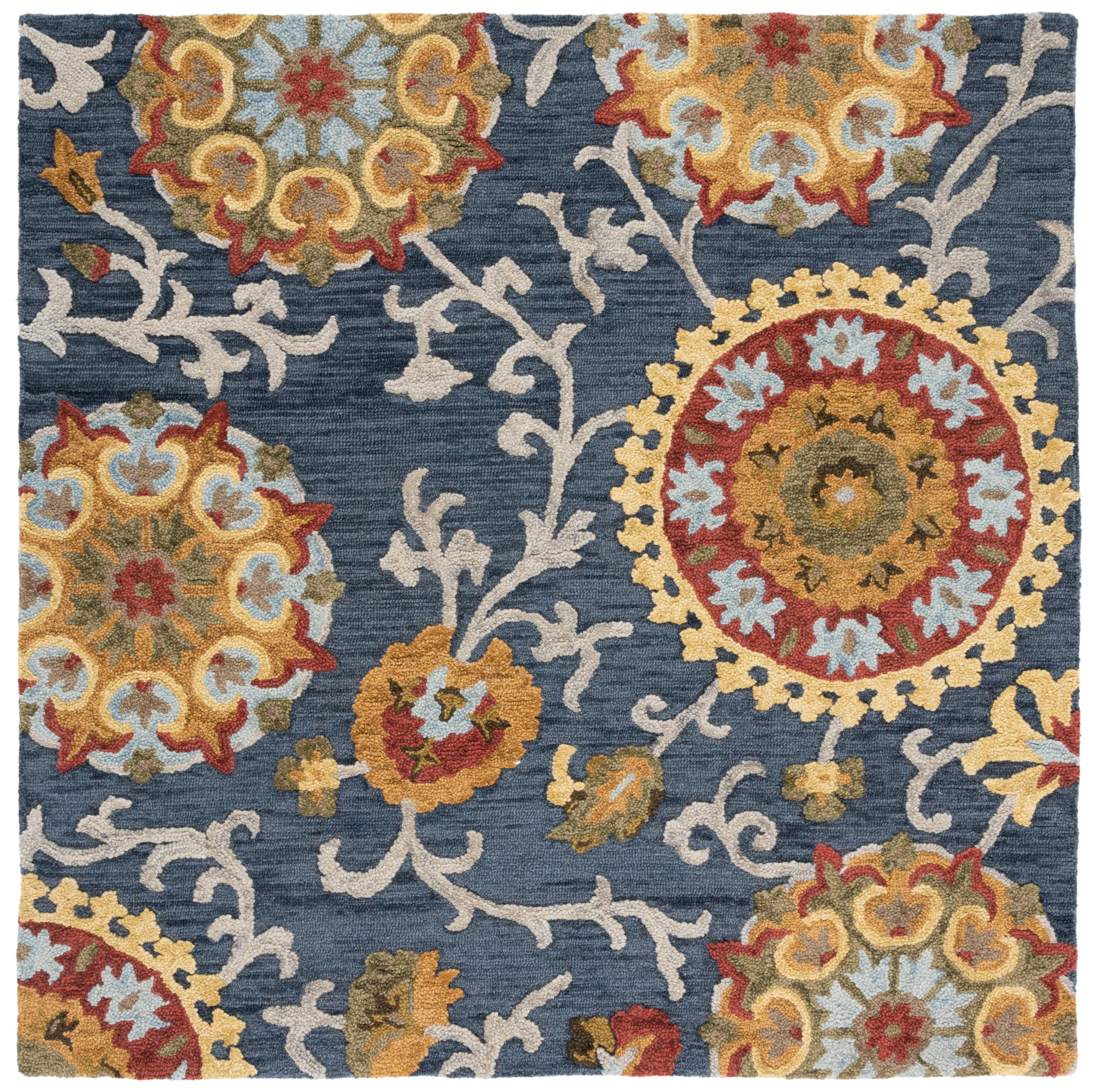 SAFAVIEH Blossom Danny Floral Wool Area Rug, Navy/Multi, 8' x 8' Square