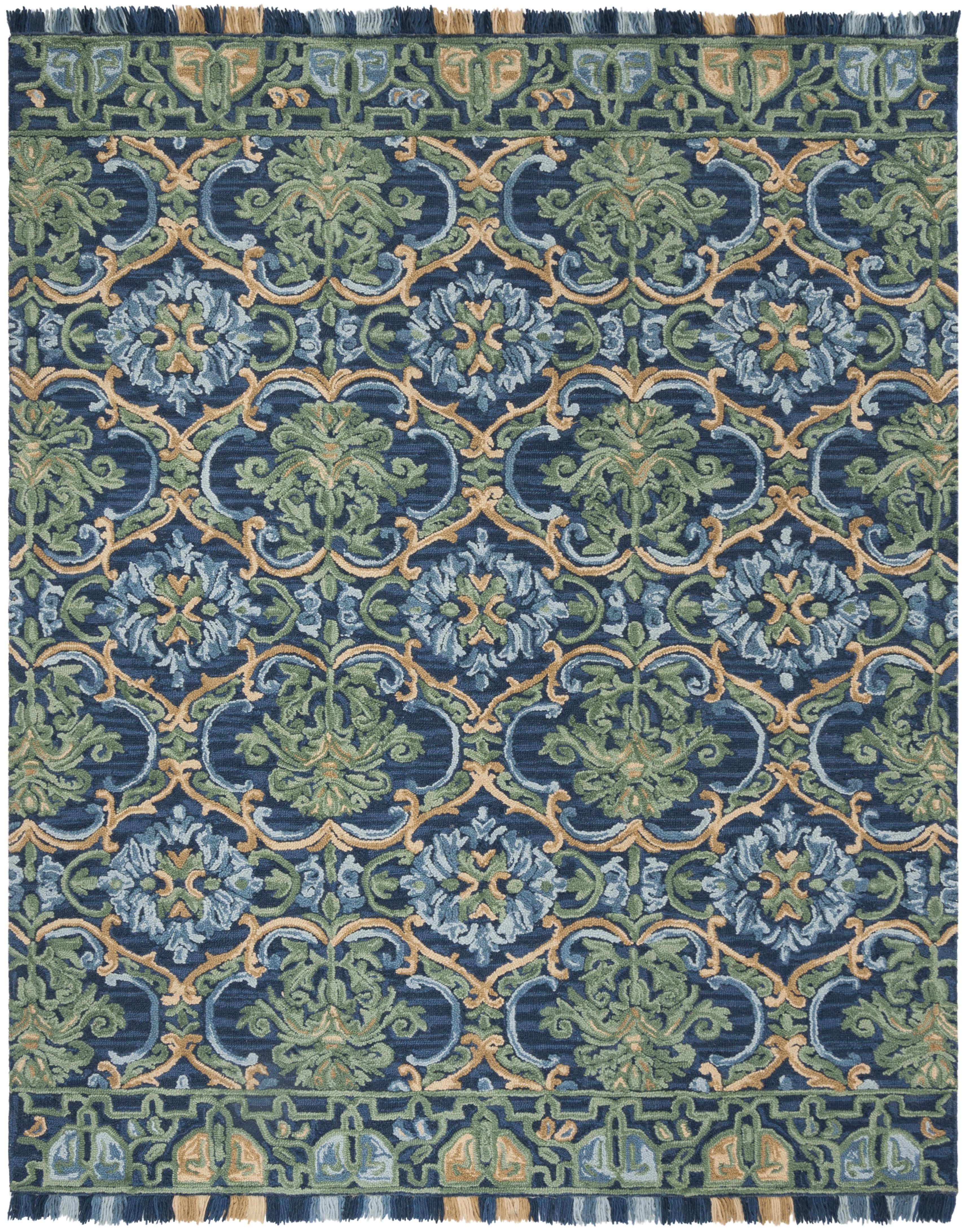 Handmade Navy and Green Wool Geometric Area Rug 10' x 14'