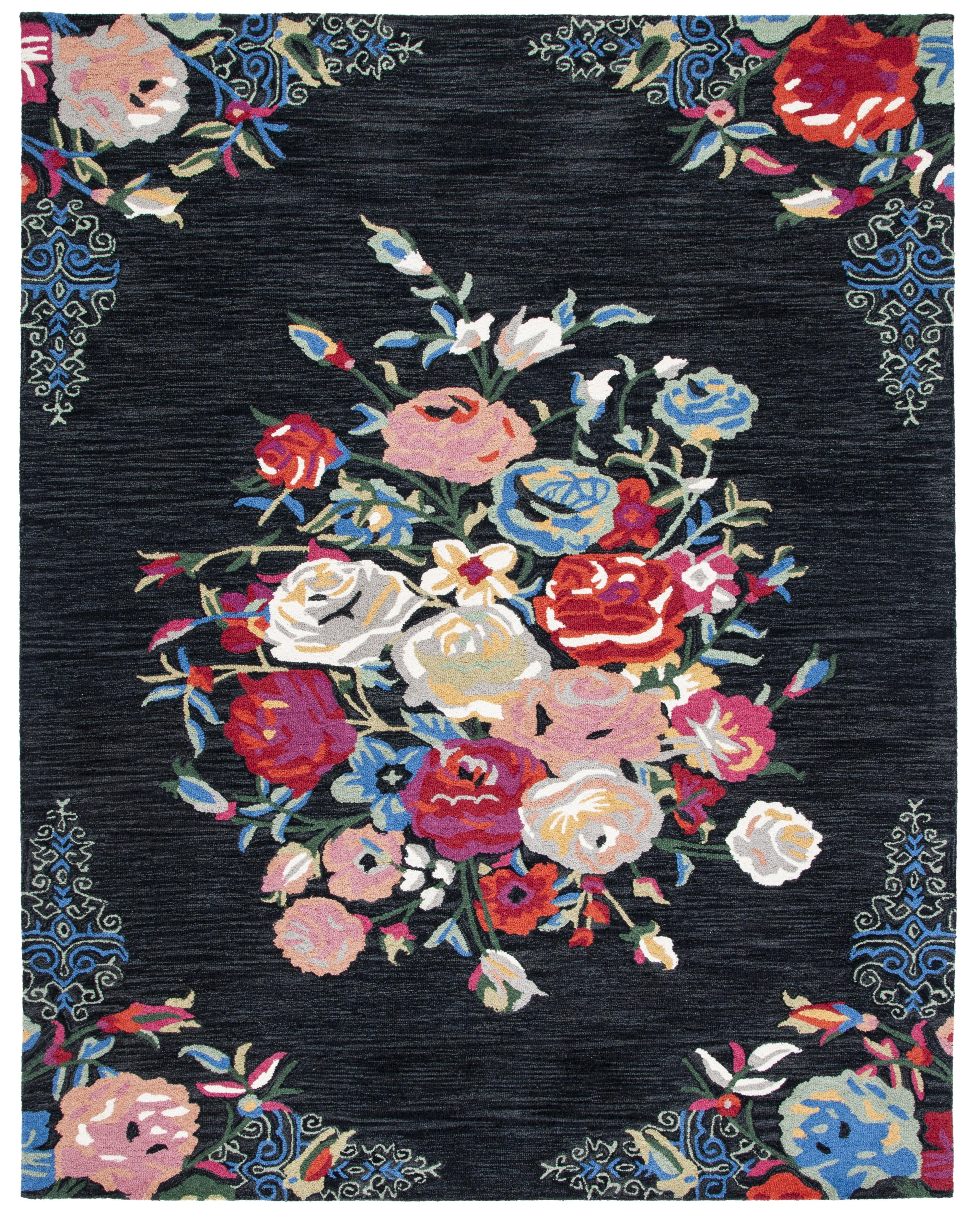 Black and Pink Floral Wool 8' x 10' Tufted Area Rug