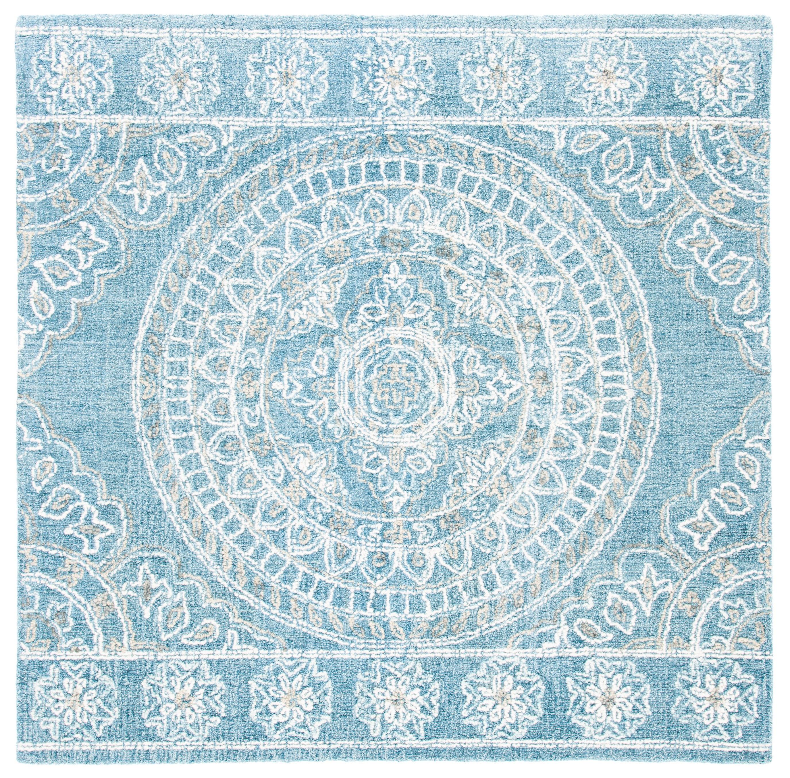 Ivory and Blue Floral Handmade Wool Square Rug