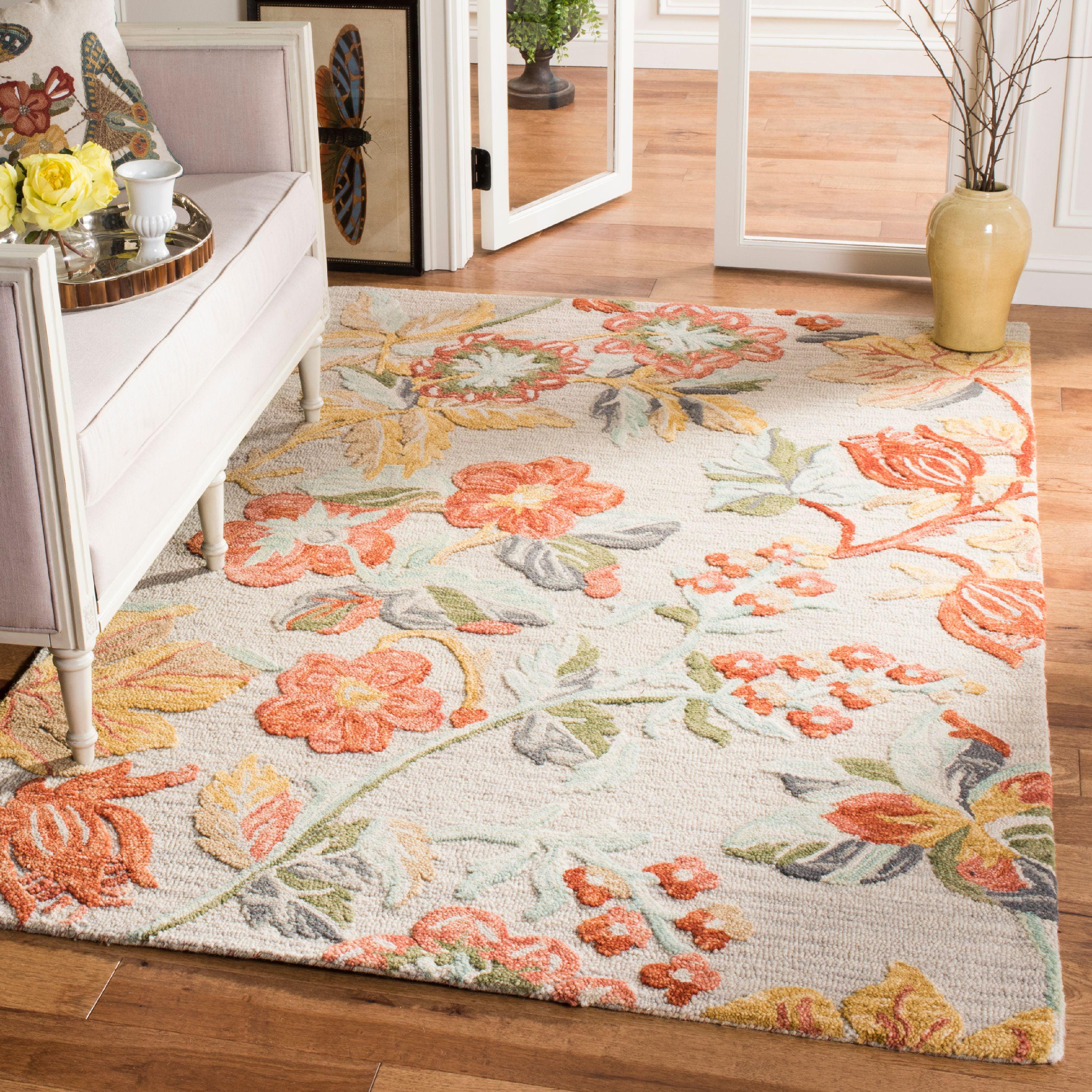 Gray and Red Floral Hand-Tufted Wool Area Rug, 6' x 6'