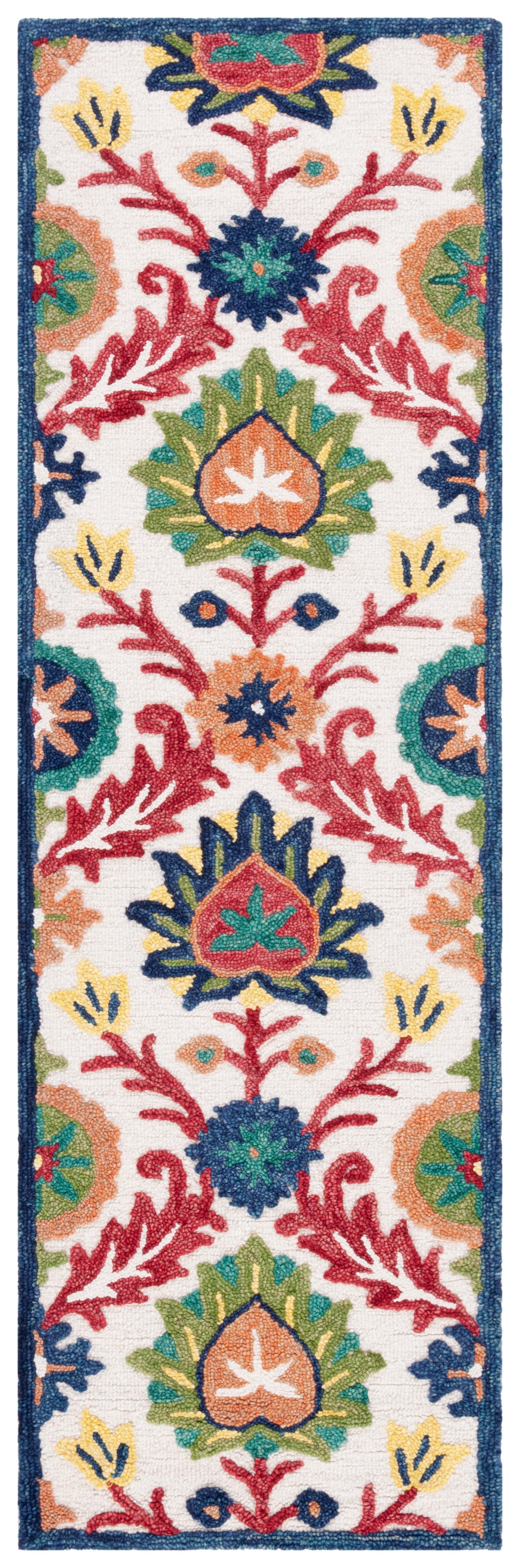 Ivory and Green Floral Wool Runner Rug