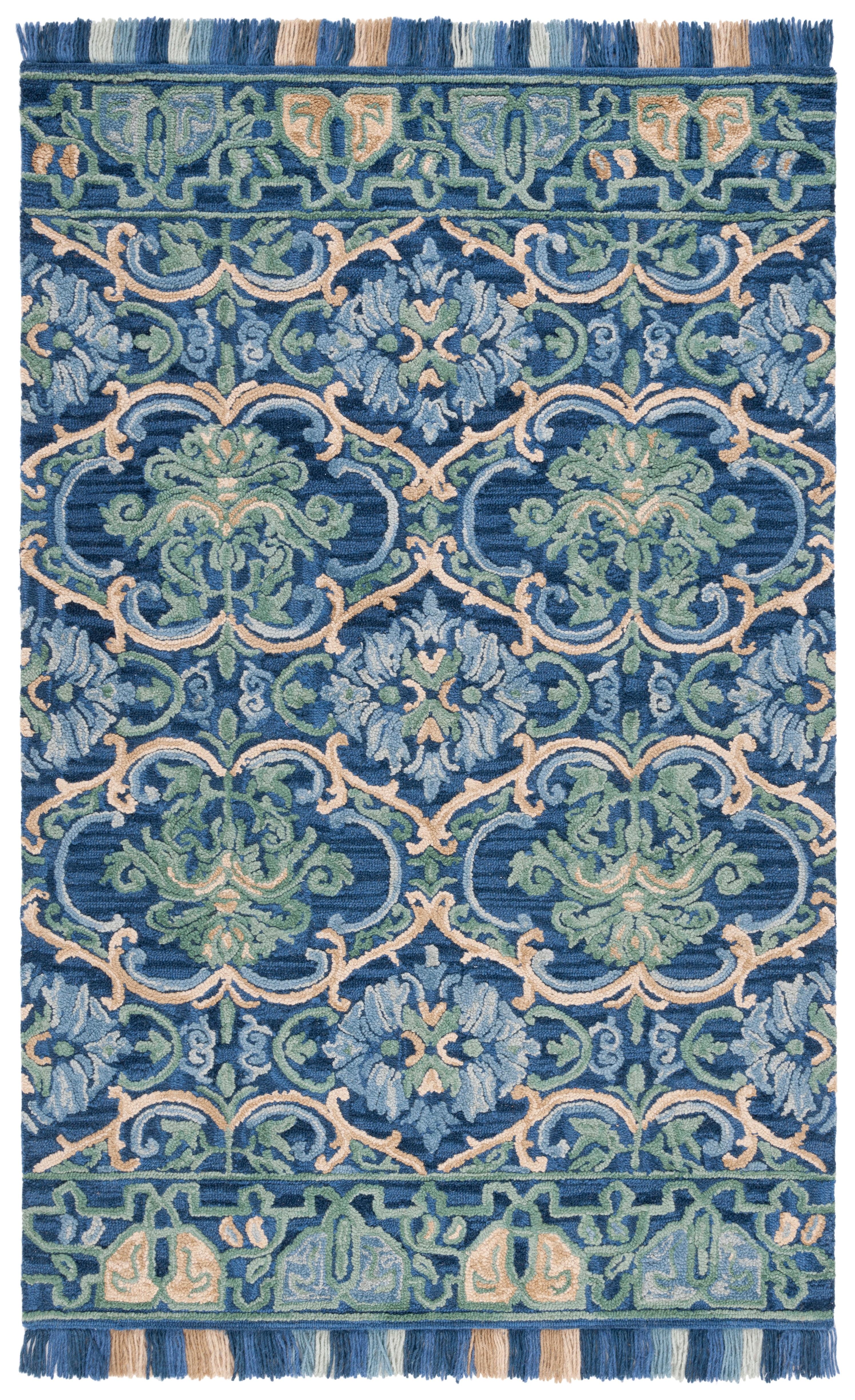 Handcrafted Navy & Green Floral Wool Area Rug, 6' x 9'