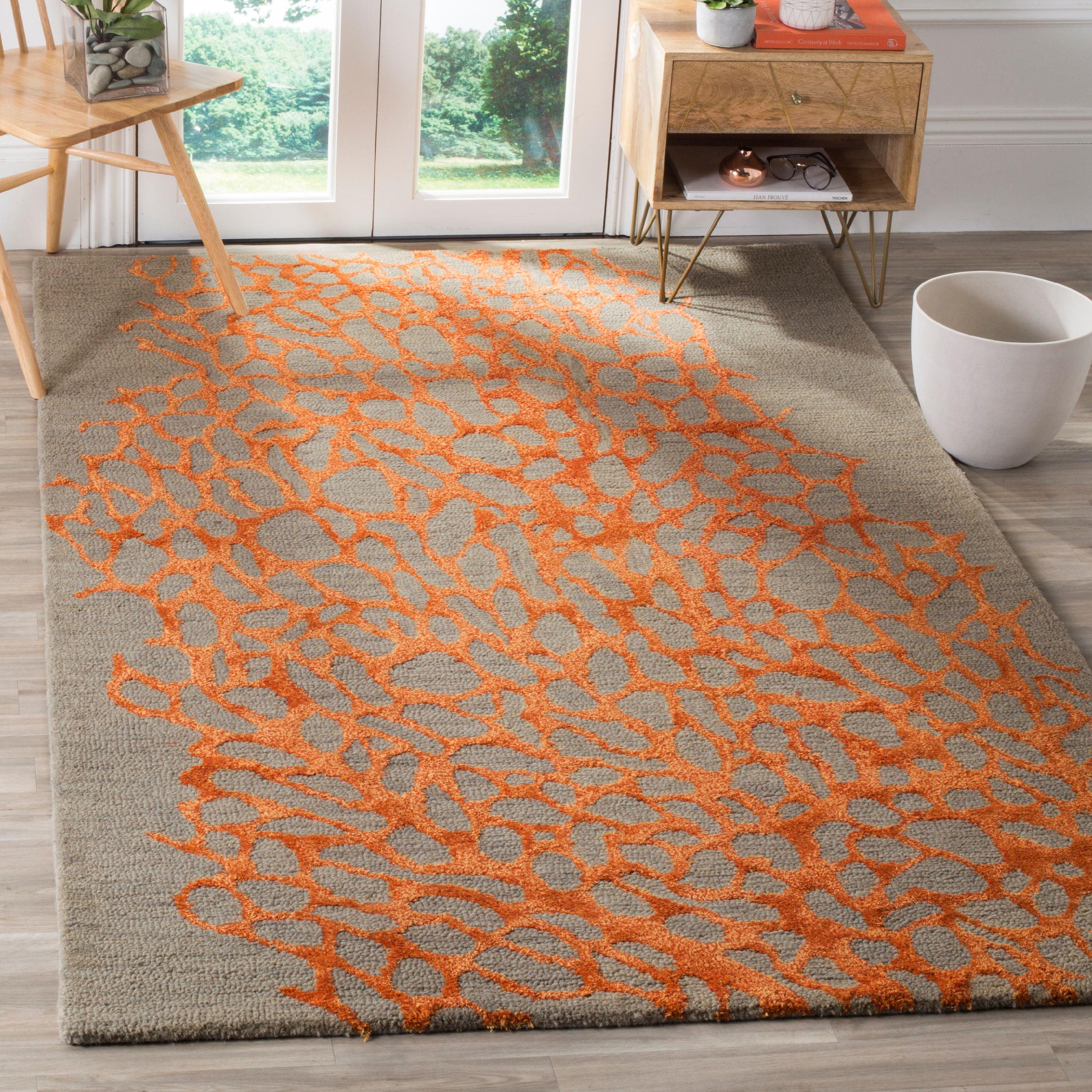 Handmade Premium Wool & Viscose 5' x 8' Gray and Orange Area Rug