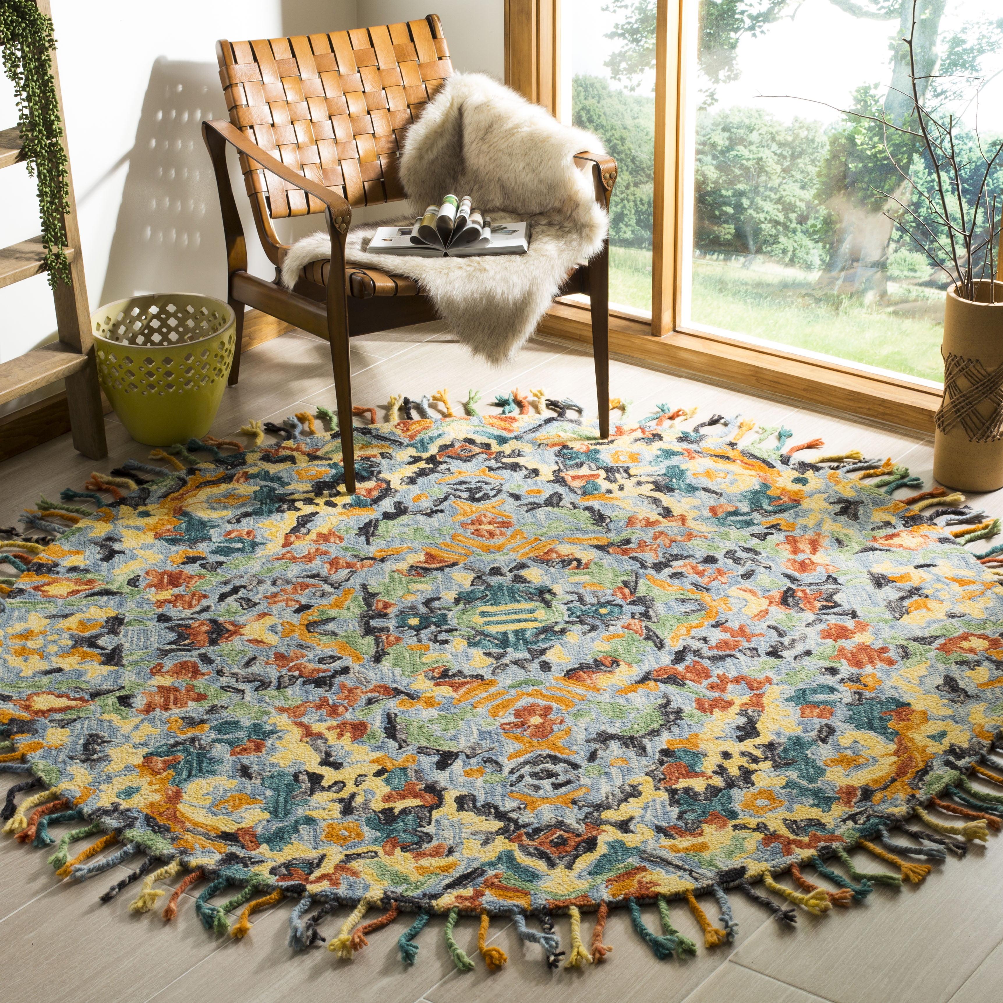 SAFAVIEH Blossom Everitt Floral Wool Fringed Area Rug, Blue/Multi, 8' x 8' Round