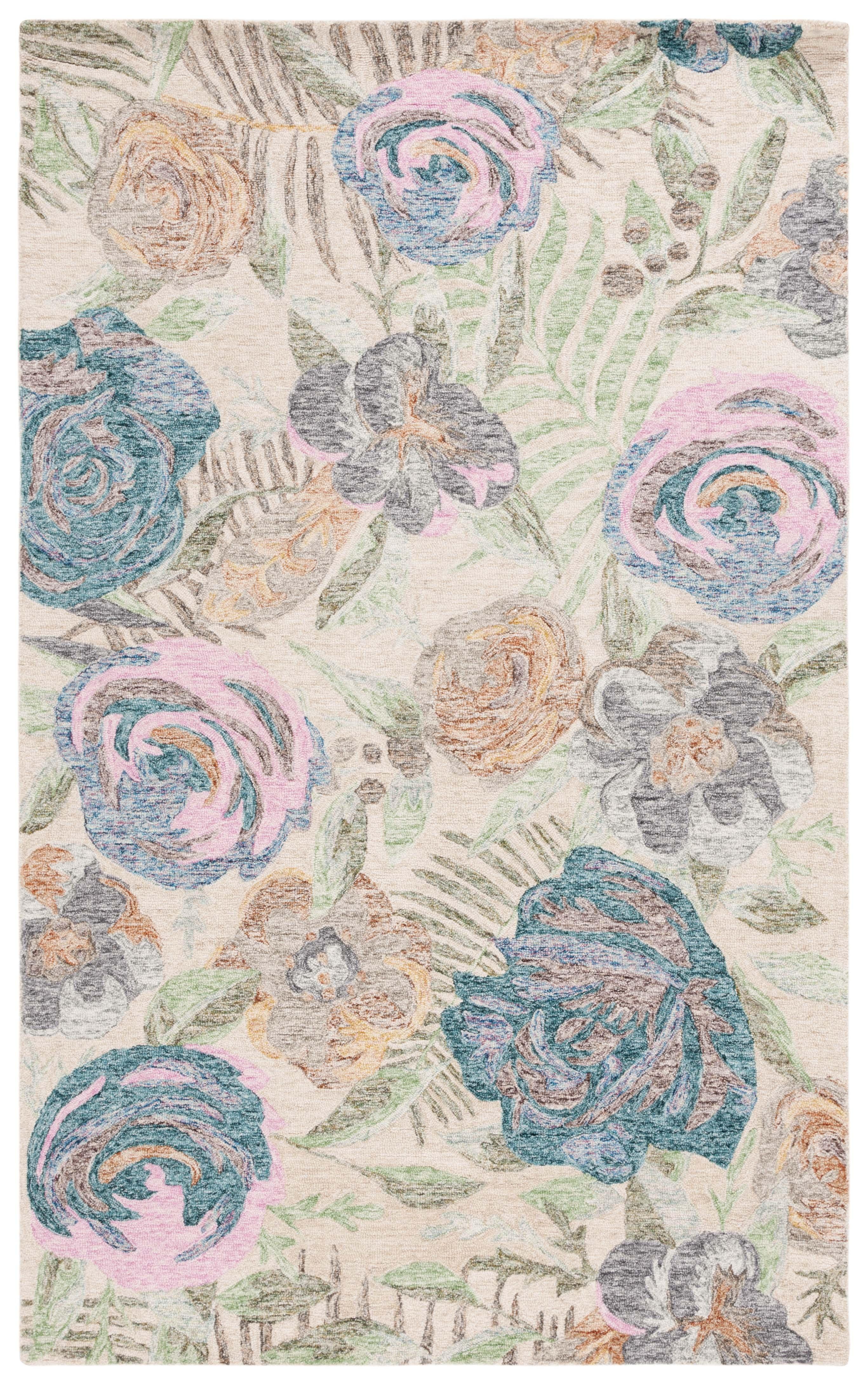 Handmade Green and Pink Floral Wool Area Rug, 3' x 5'