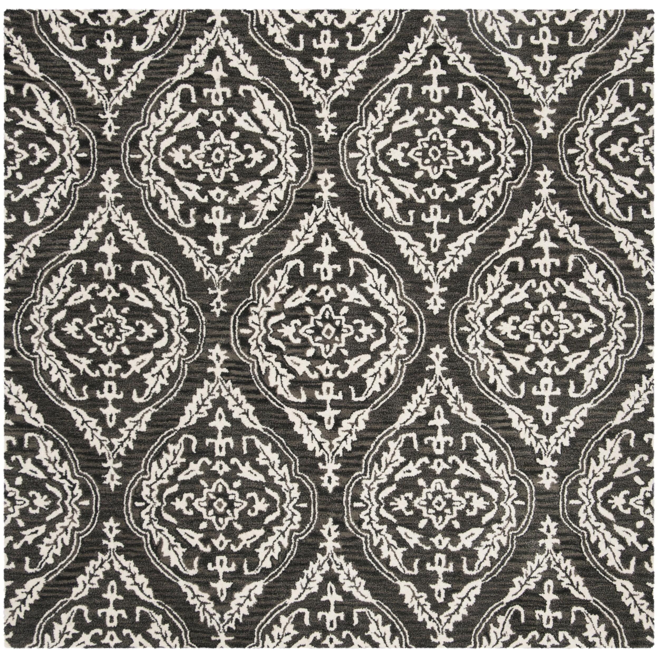 Ivory and Charcoal 6' x 6' Square Handmade Wool Floral Rug