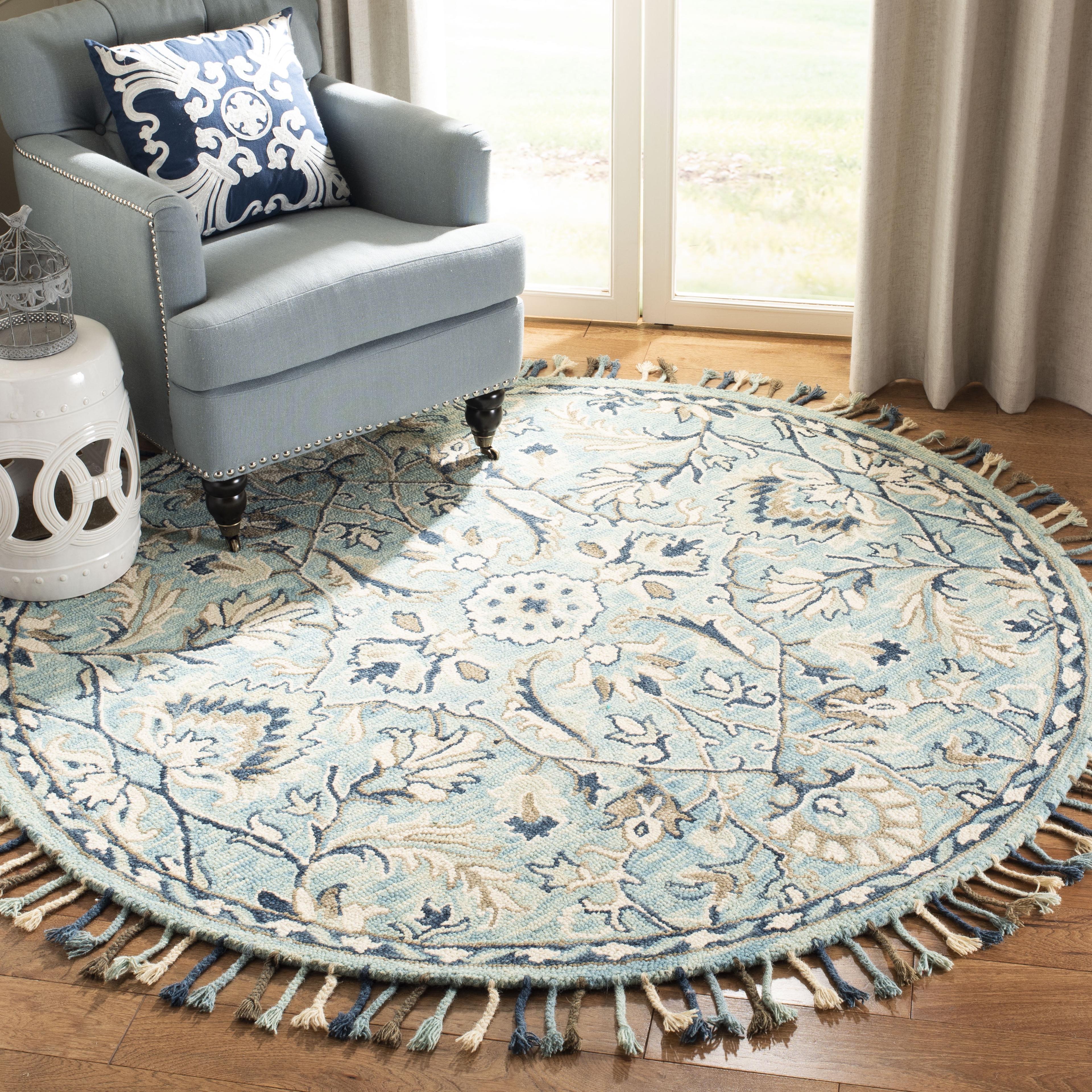 Blue Floral Round Hand Tufted Wool Area Rug