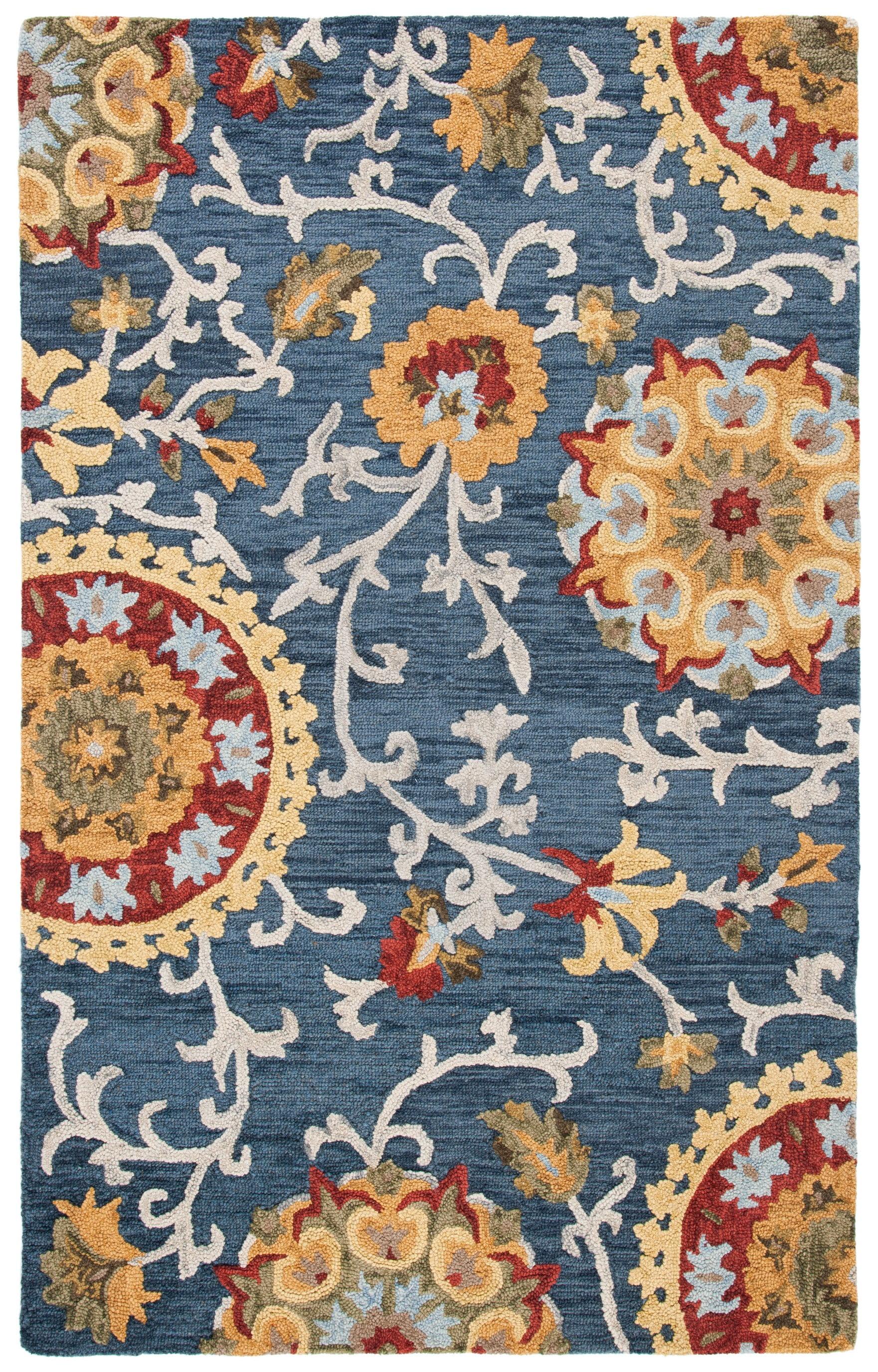 Blue Floral Handmade Tufted Wool Area Rug, 5' x 8'