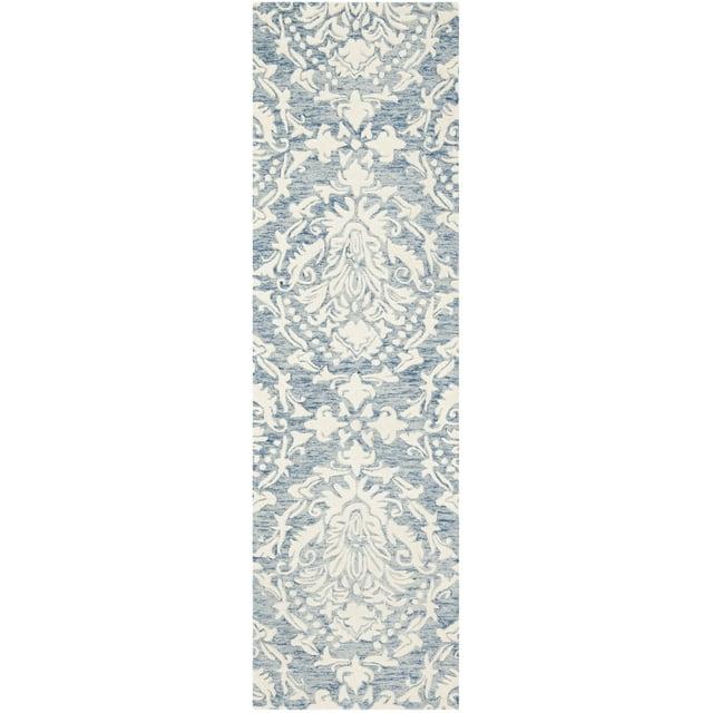 SAFAVIEH Blossom Kestrel Damask Wool Runner Rug, Blue/Ivory, 2'3" x 8'