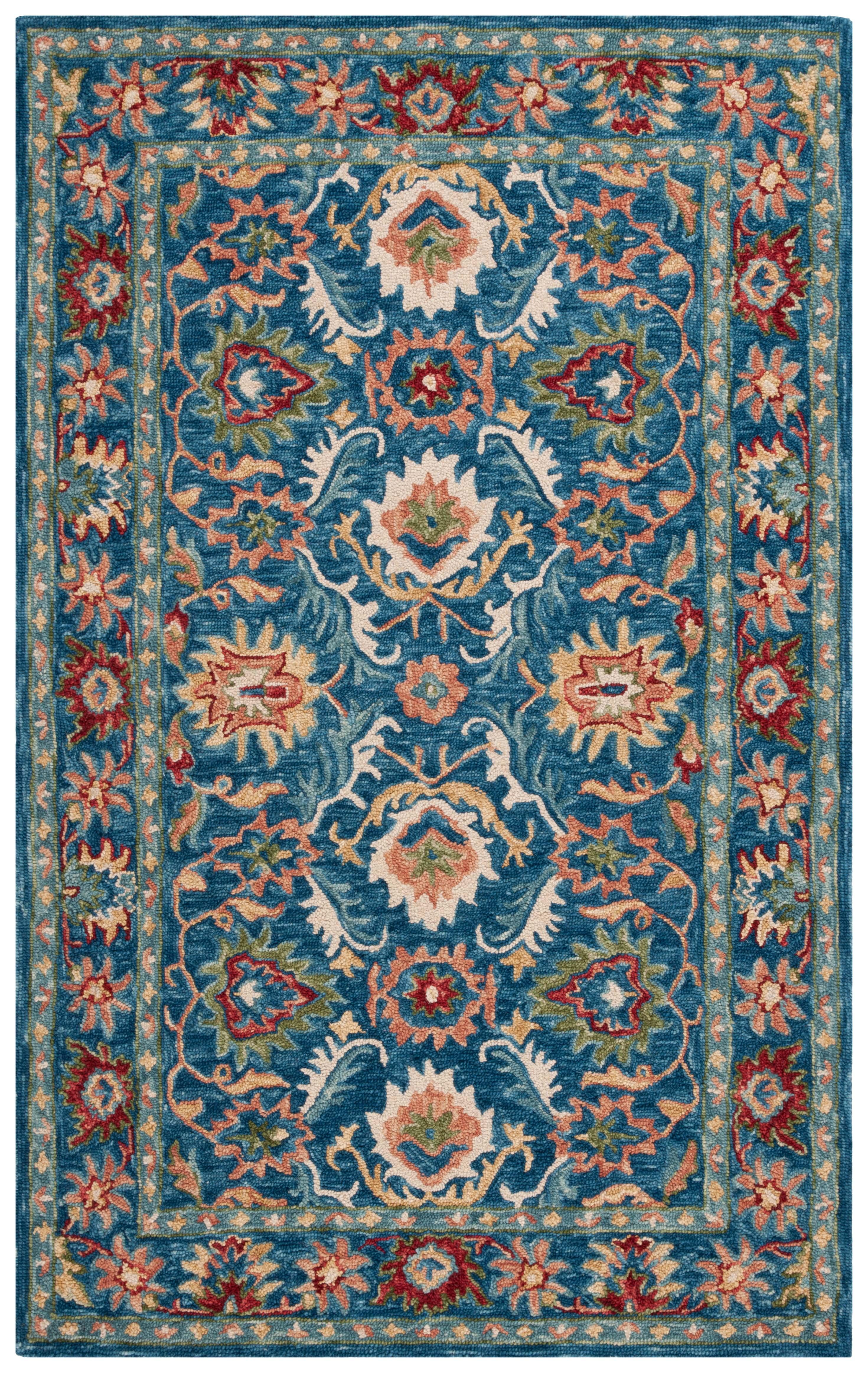 Handmade Blue and Green Wool Floral 6' x 9' Area Rug