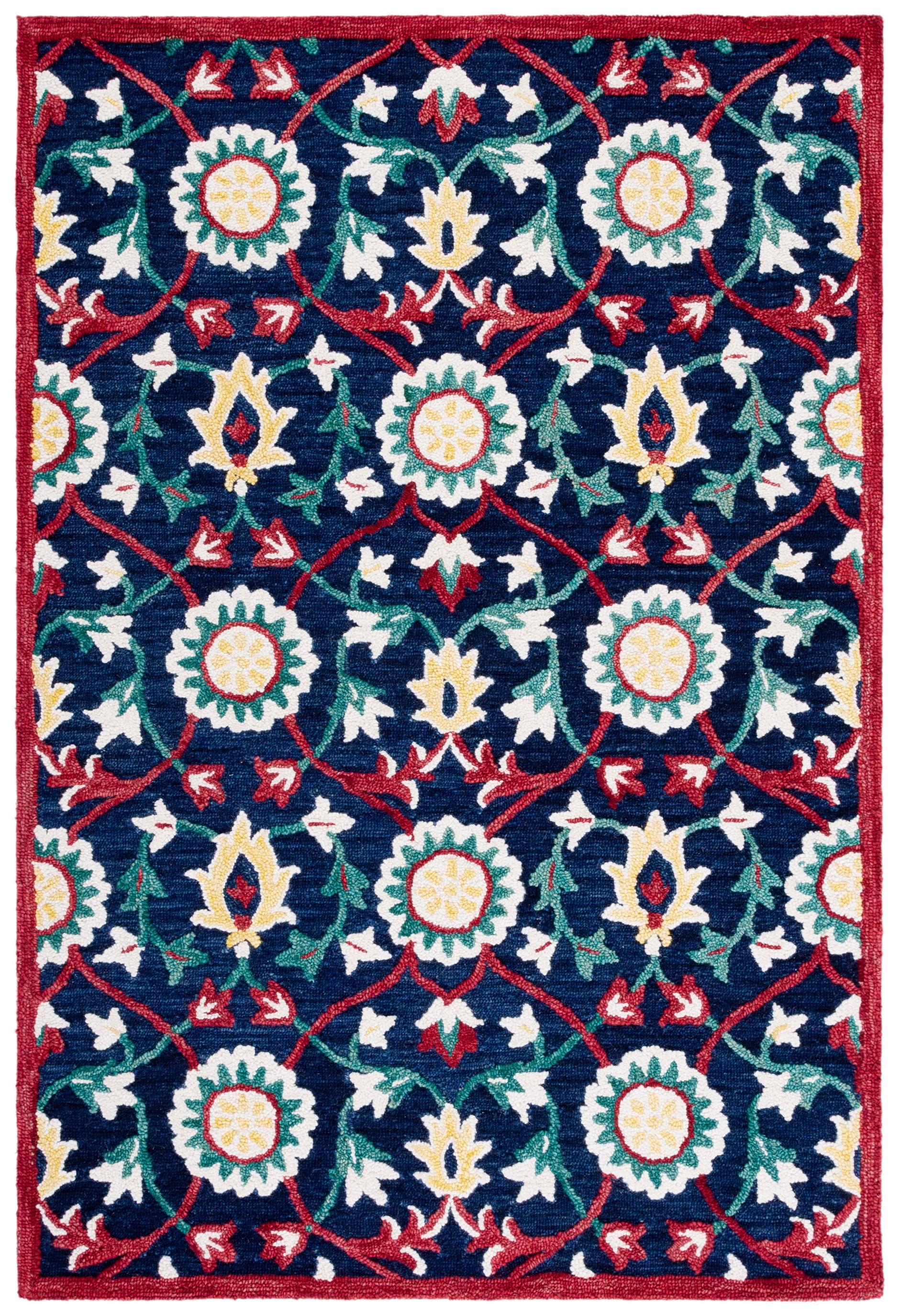 Handmade Blossom Floral Red & Navy Wool Area Rug - 4' x 6'