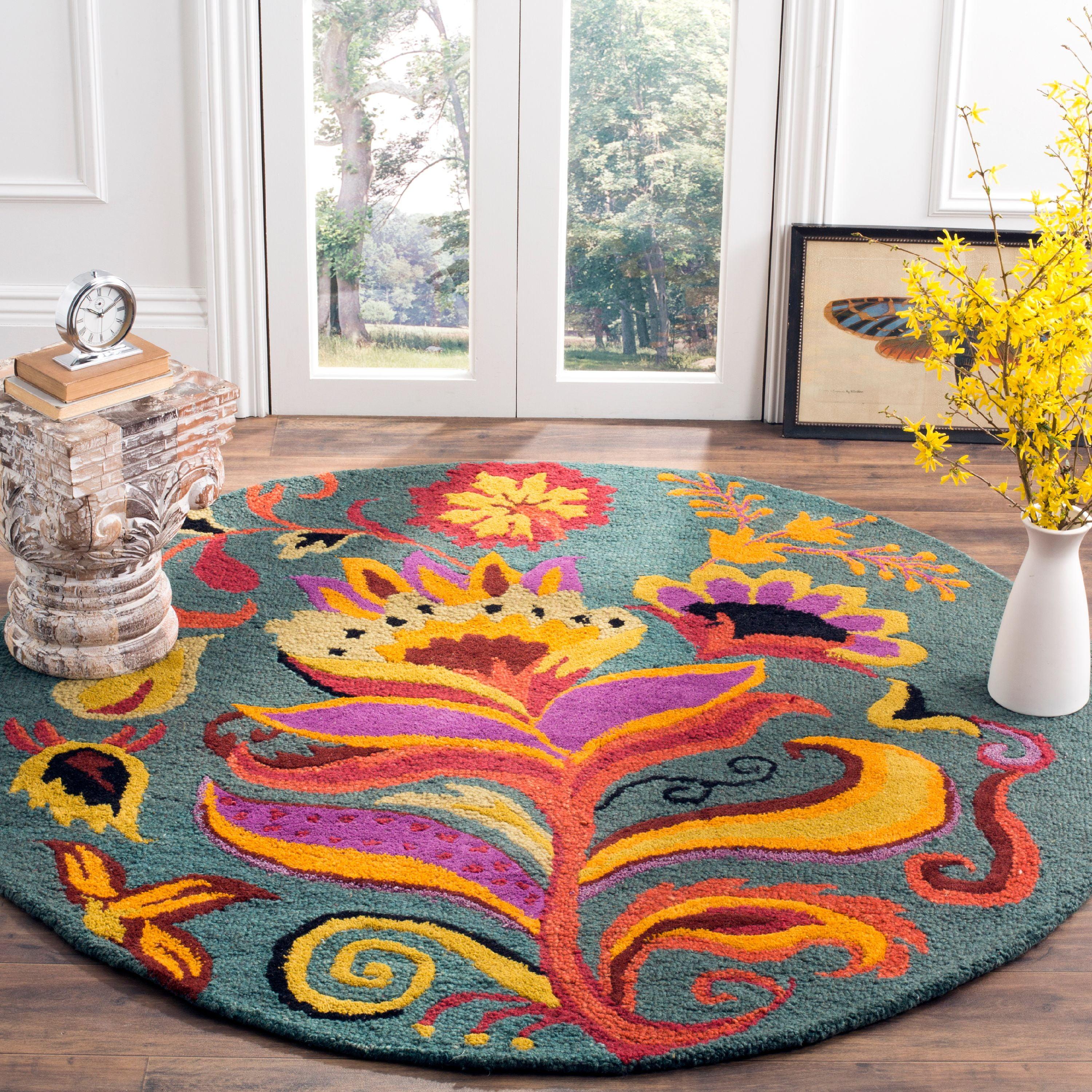 Handmade Blue Floral Wool Round Tufted Area Rug