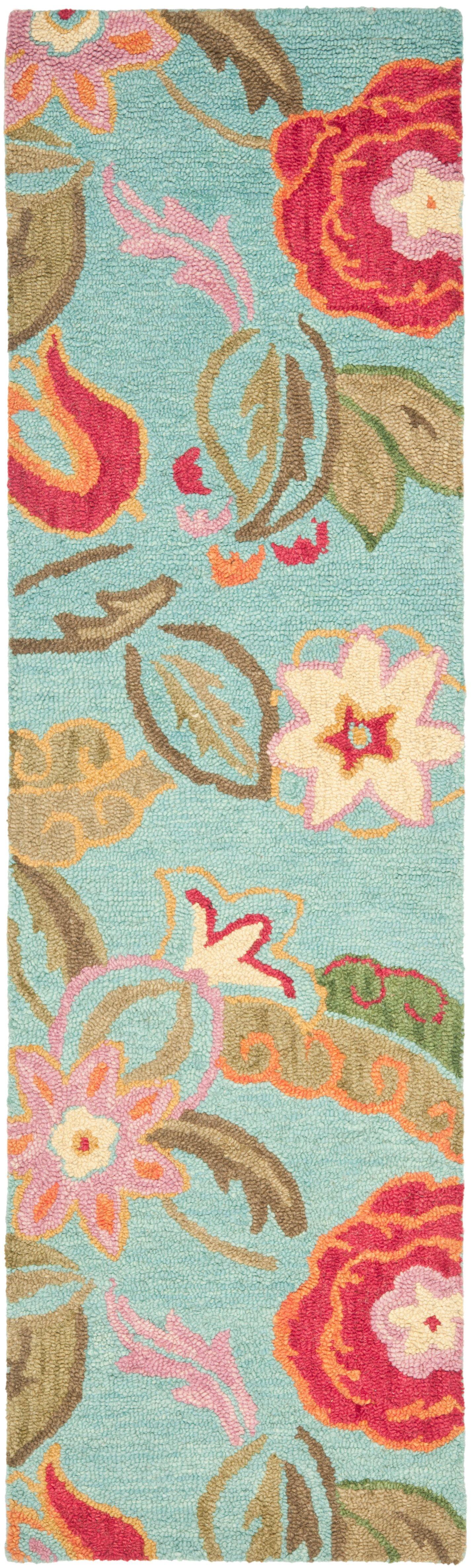 Hand-Knotted Blossom Blue Floral Wool Runner Rug, 2'6" x 12'