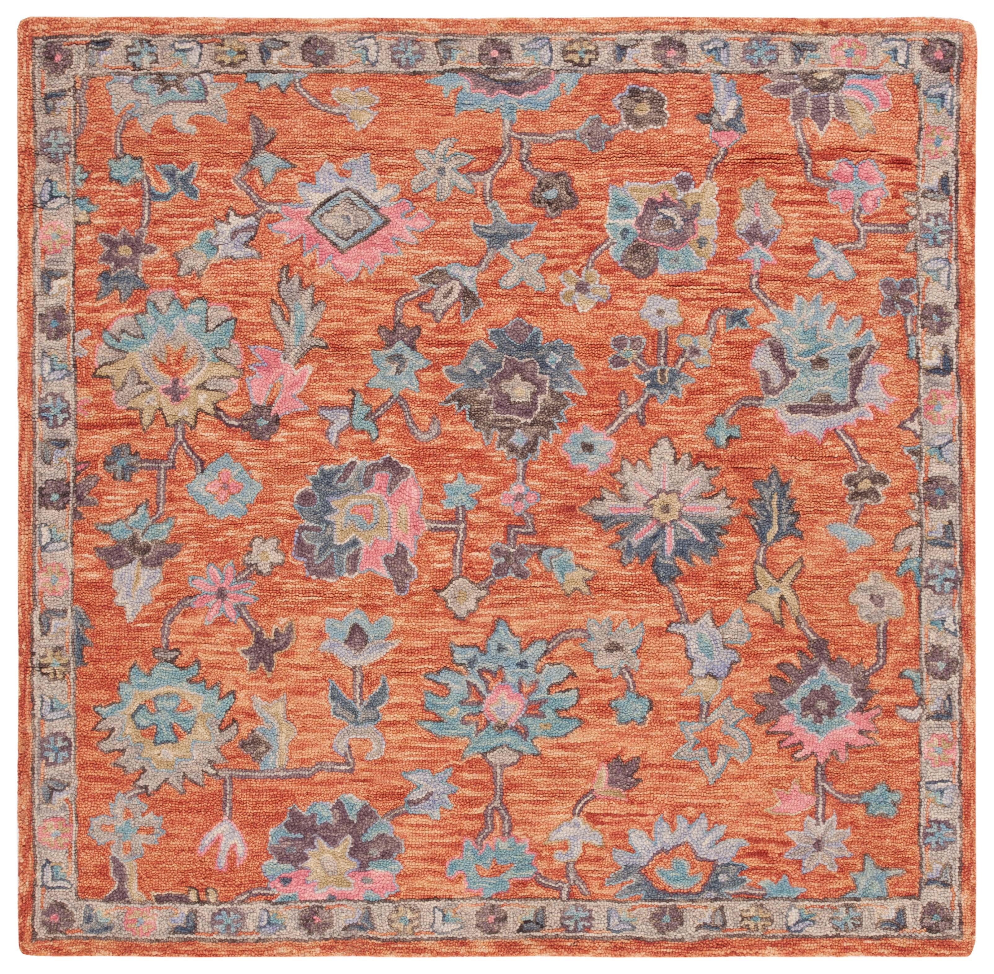 Handmade Blue and Rust Floral Wool 6' x 6' Square Rug