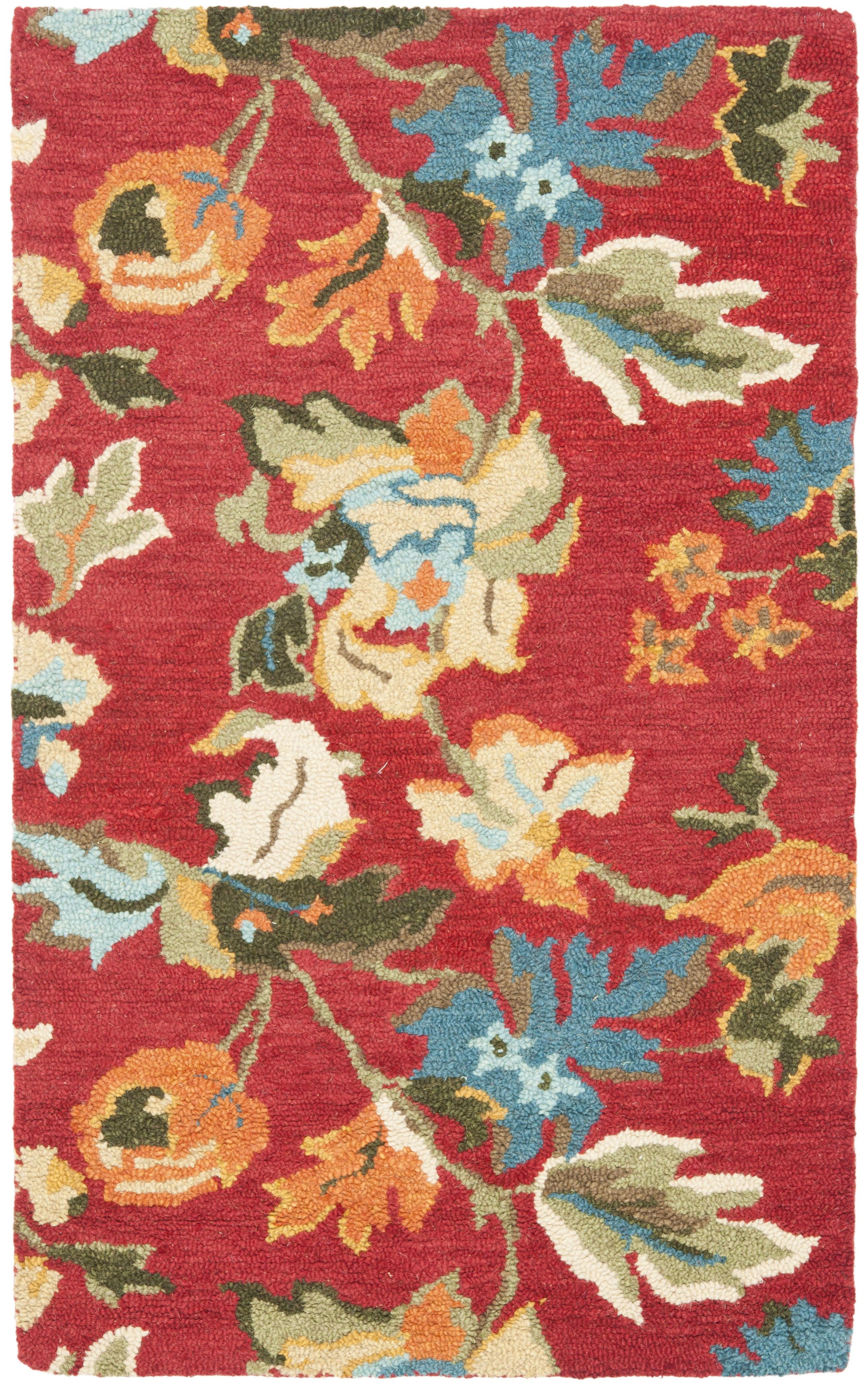 Hand-Knotted Blossom Red Wool Square Area Rug, 3' x 5'