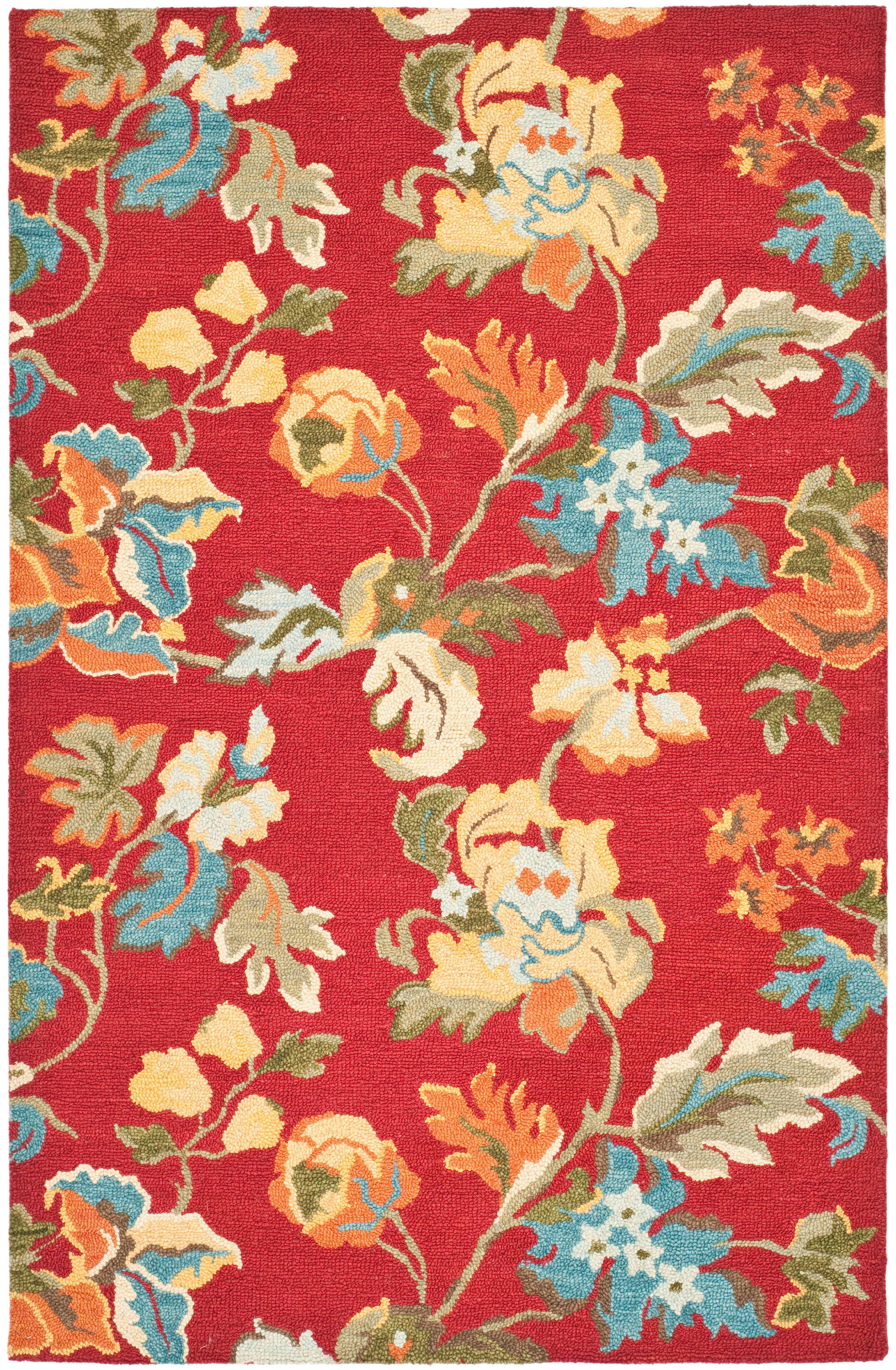 Handmade Red Floral Wool Area Rug, 5' x 8'