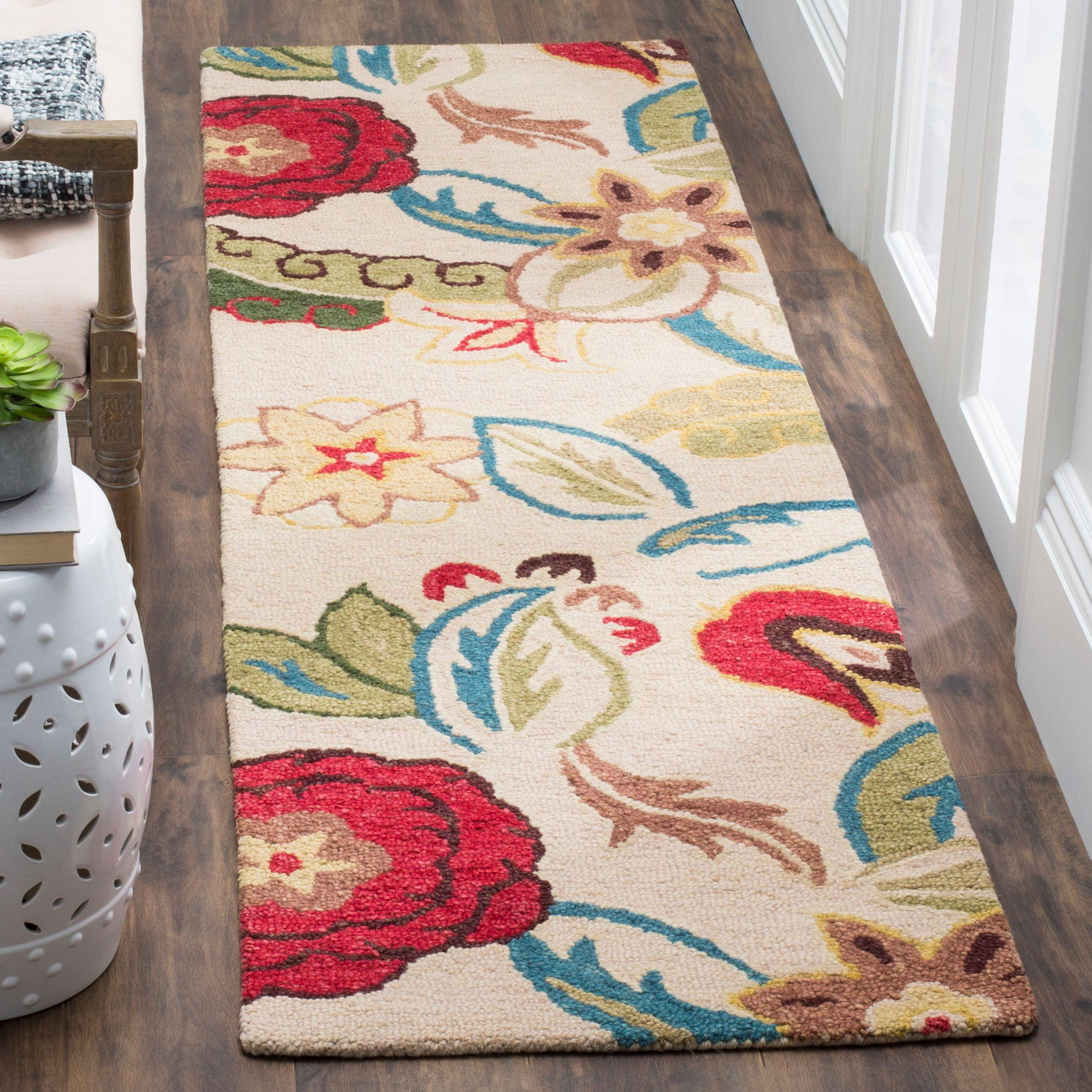 Handmade Beige and Multicolor Wool Floral Runner Rug