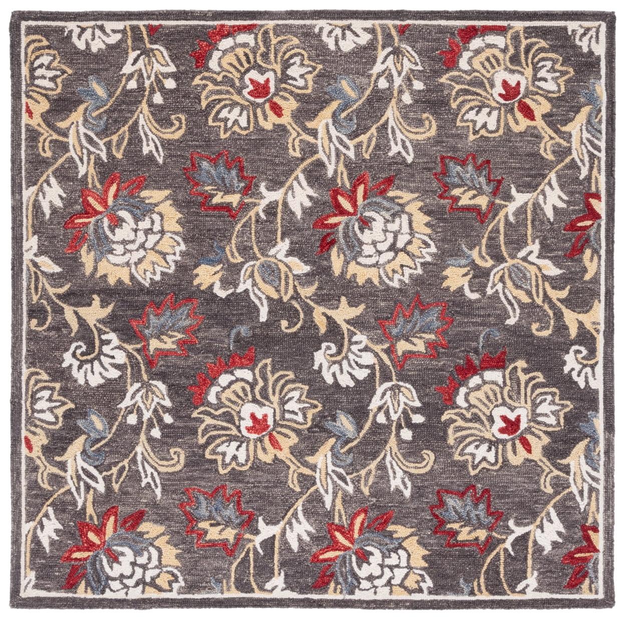 Gray Floral Hand Tufted Wool Square Area Rug