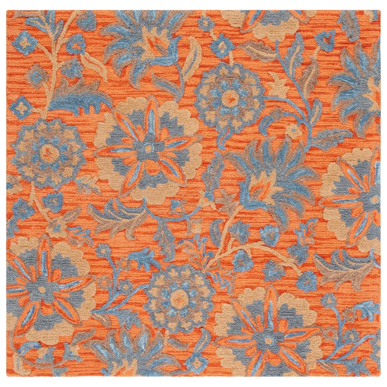 Handmade Blue and Rust Floral Wool Area Rug 3' x 5'