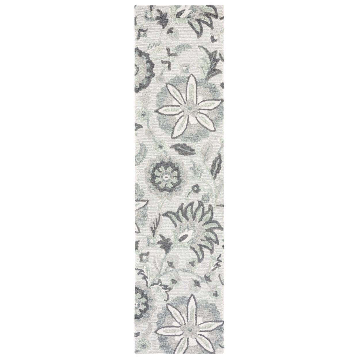 Handmade Ivory & Blue Floral Wool Runner Rug - 27"x8"