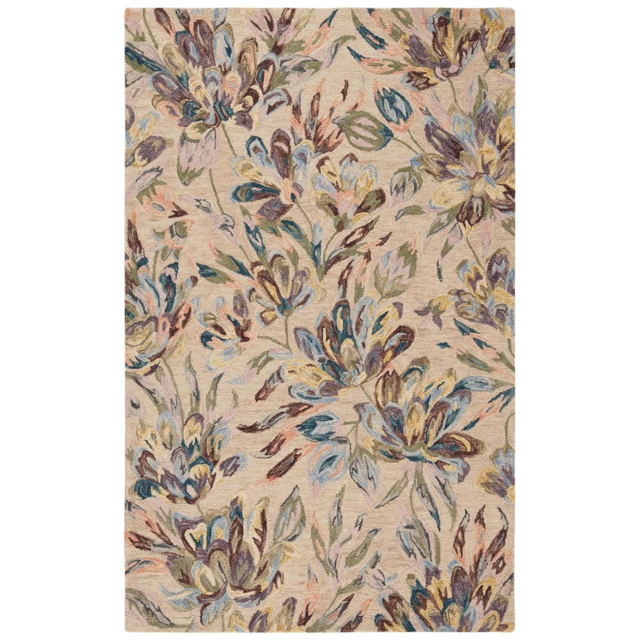 Beige and Purple Floral Wool 4' x 6' Area Rug