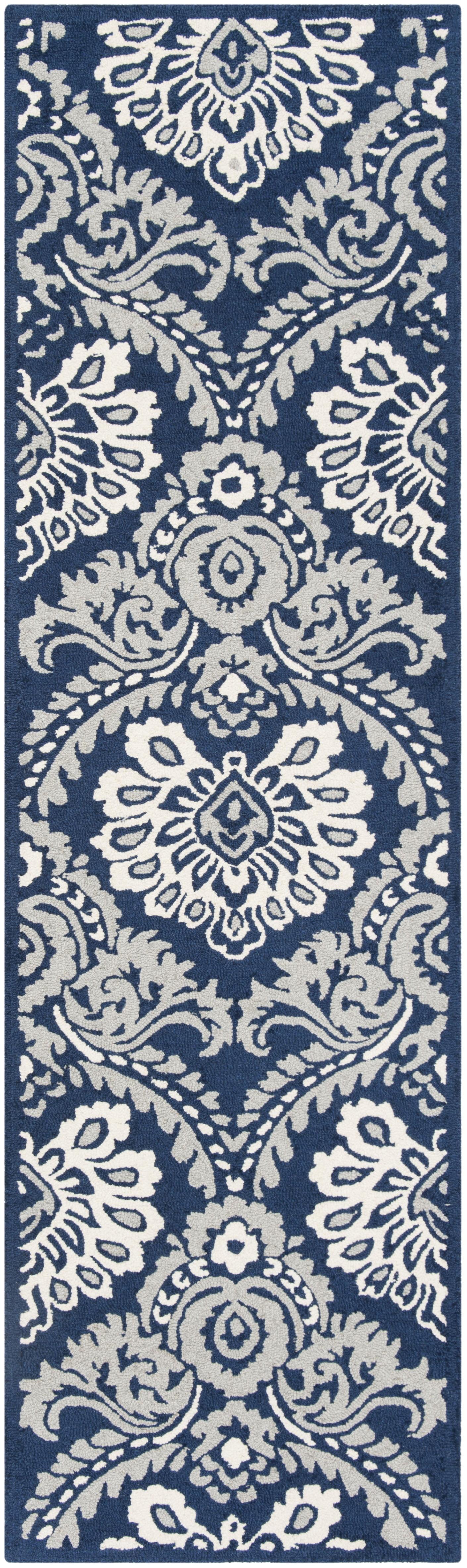 SAFAVIEH Blossom Travis Damask Wool Runner Rug, Navy/Ivory, 2'3" x 8'