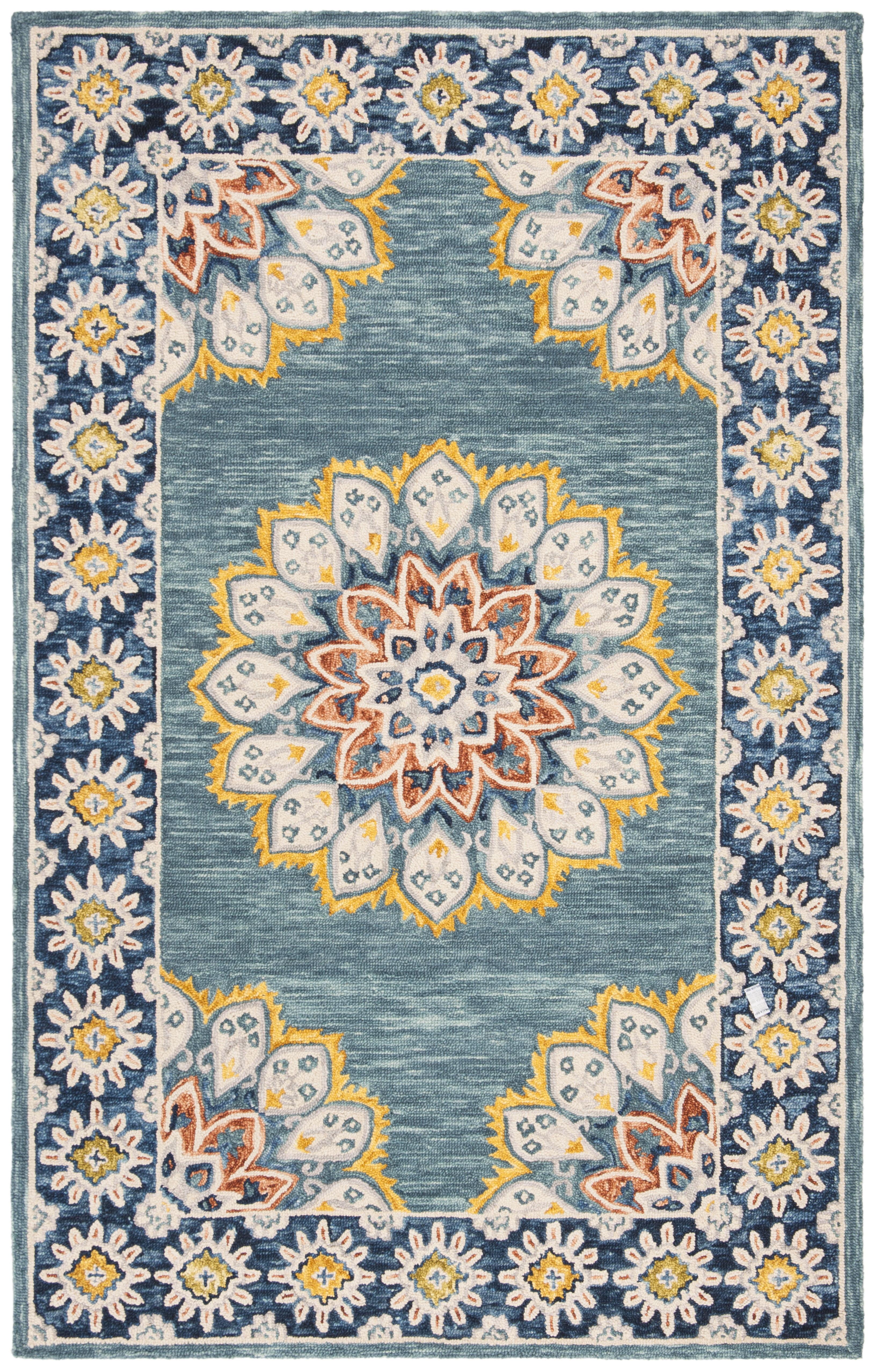 Handmade Floral Tufted Wool Area Rug, Blue and Gold, 4' x 6'