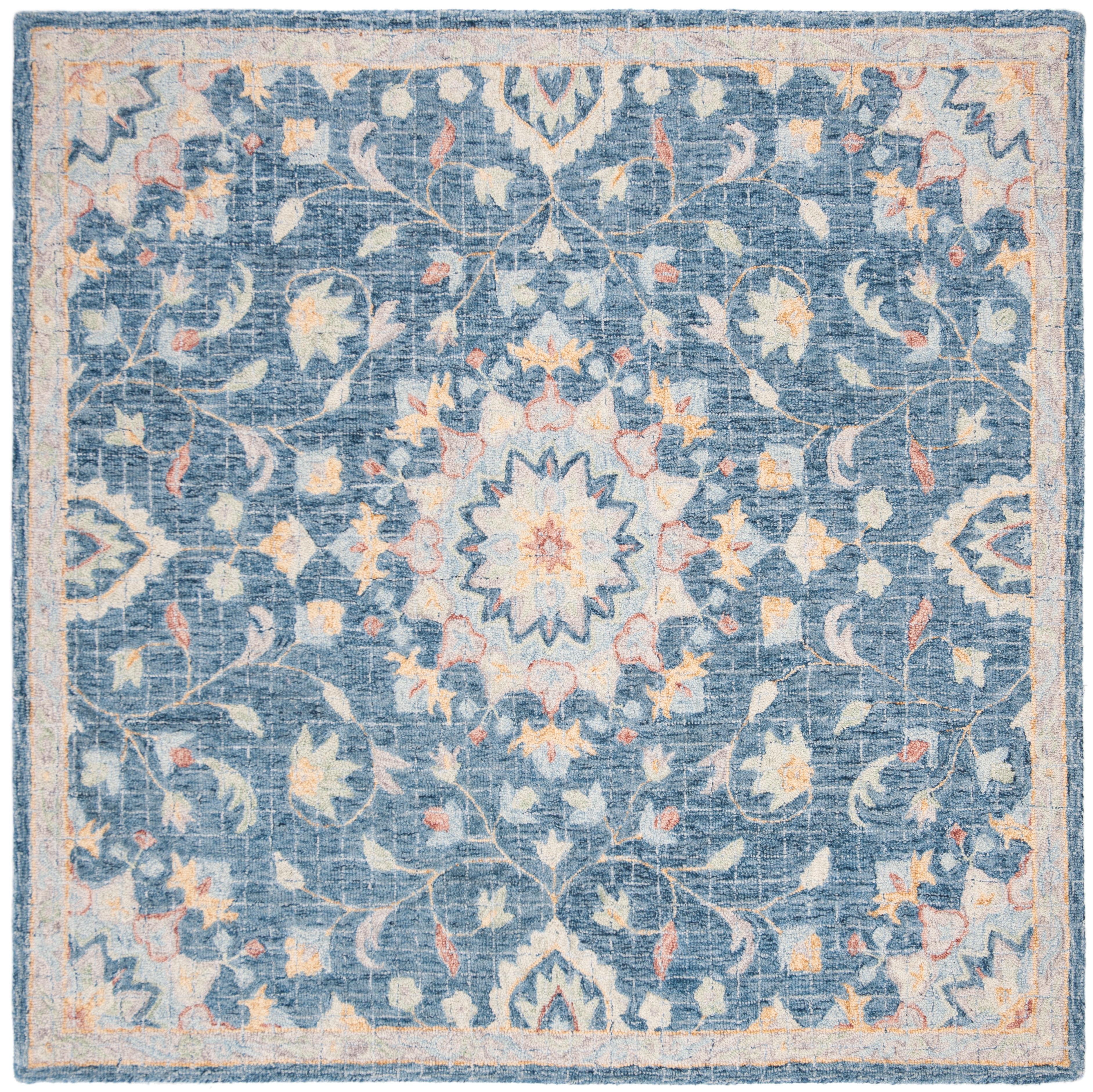 Blossom Navy Blue Handmade Wool Square Area Rug