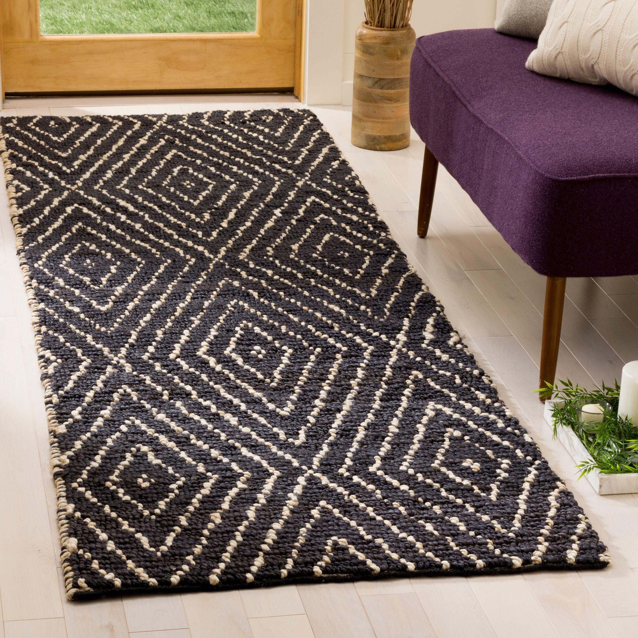 Hand-Knotted Black and Ivory Wool Geometric Runner Rug