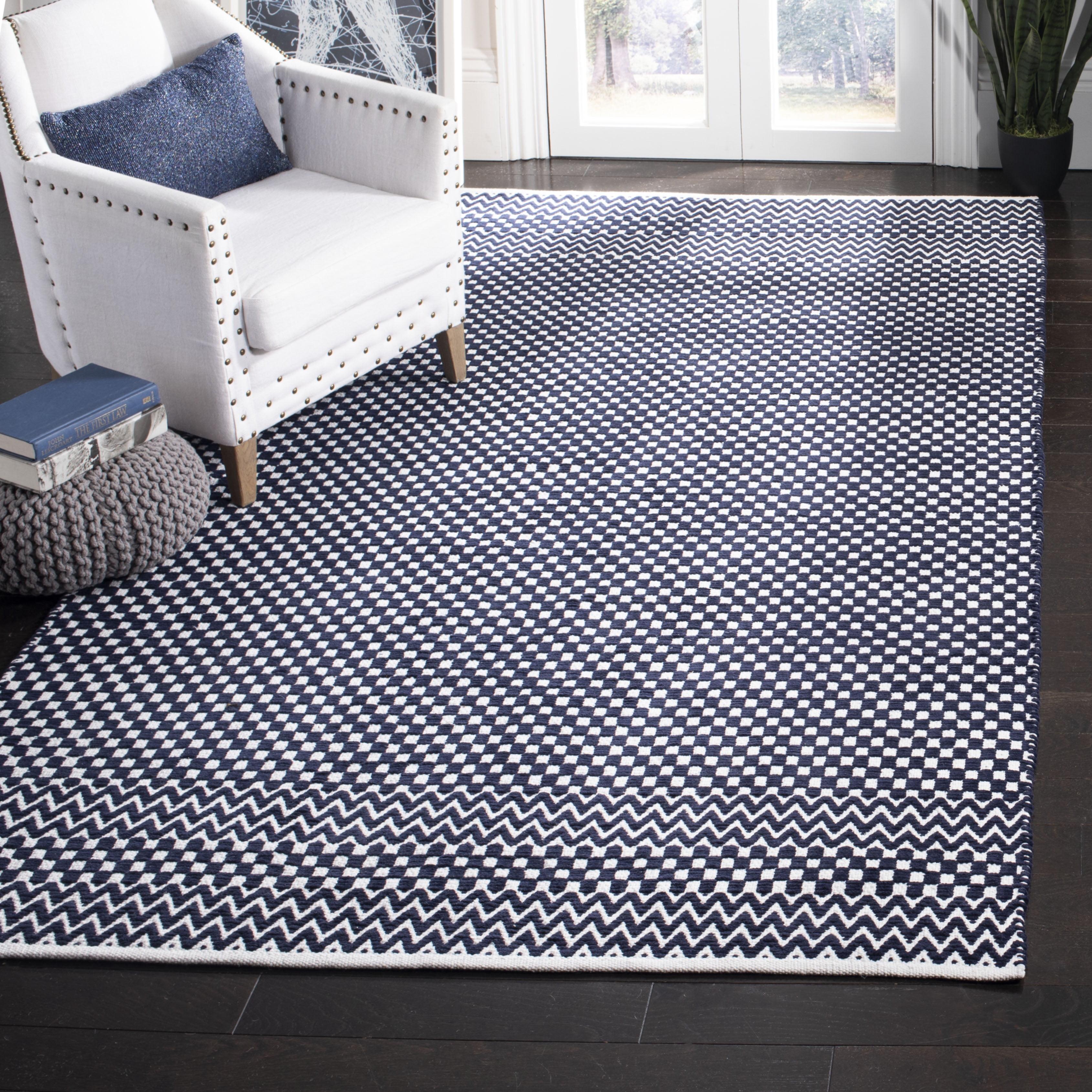 Navy and White Geometric Cotton Square Rug, 6' x 6'