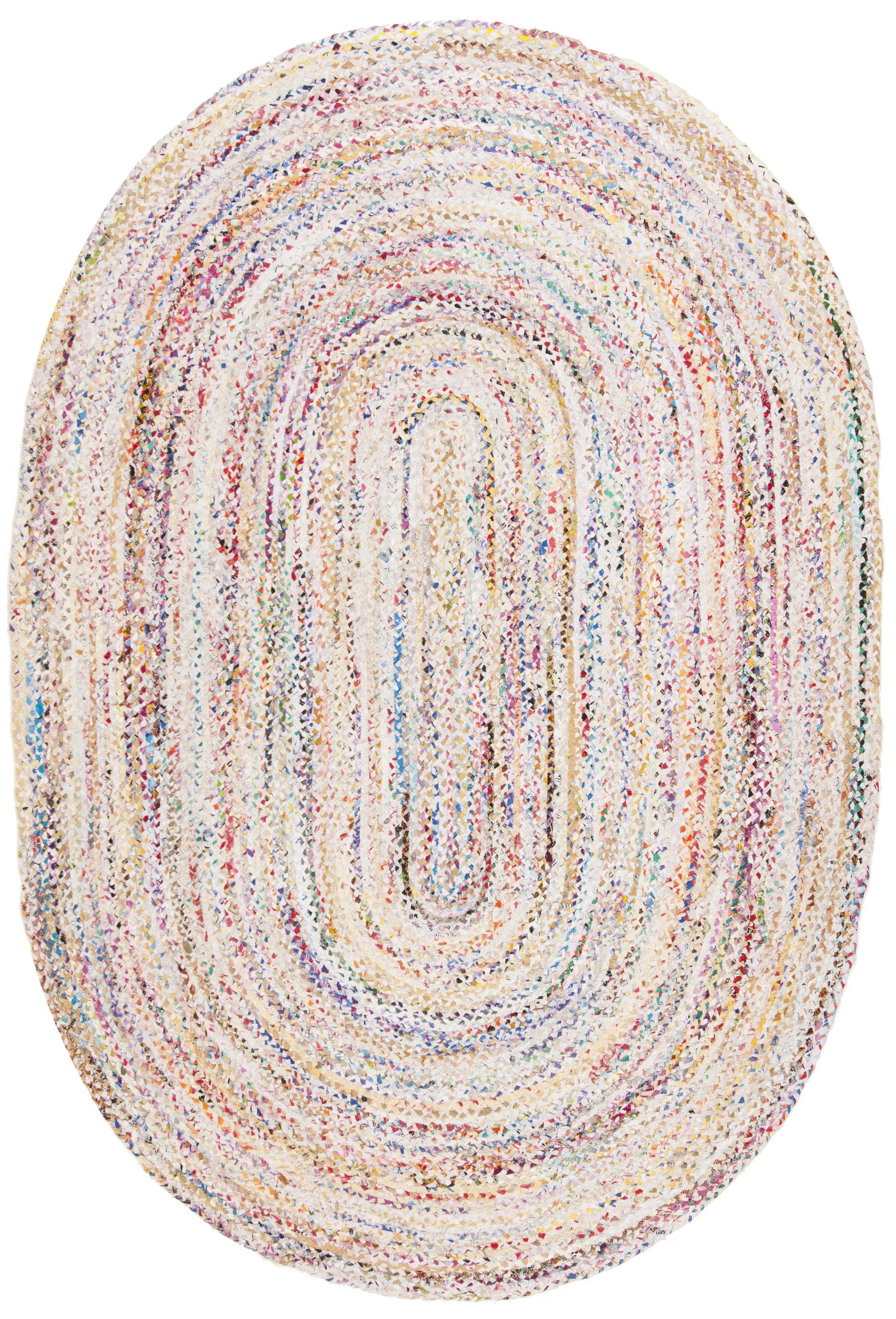 Ivory and Multicolor Oval Braided Cotton Area Rug