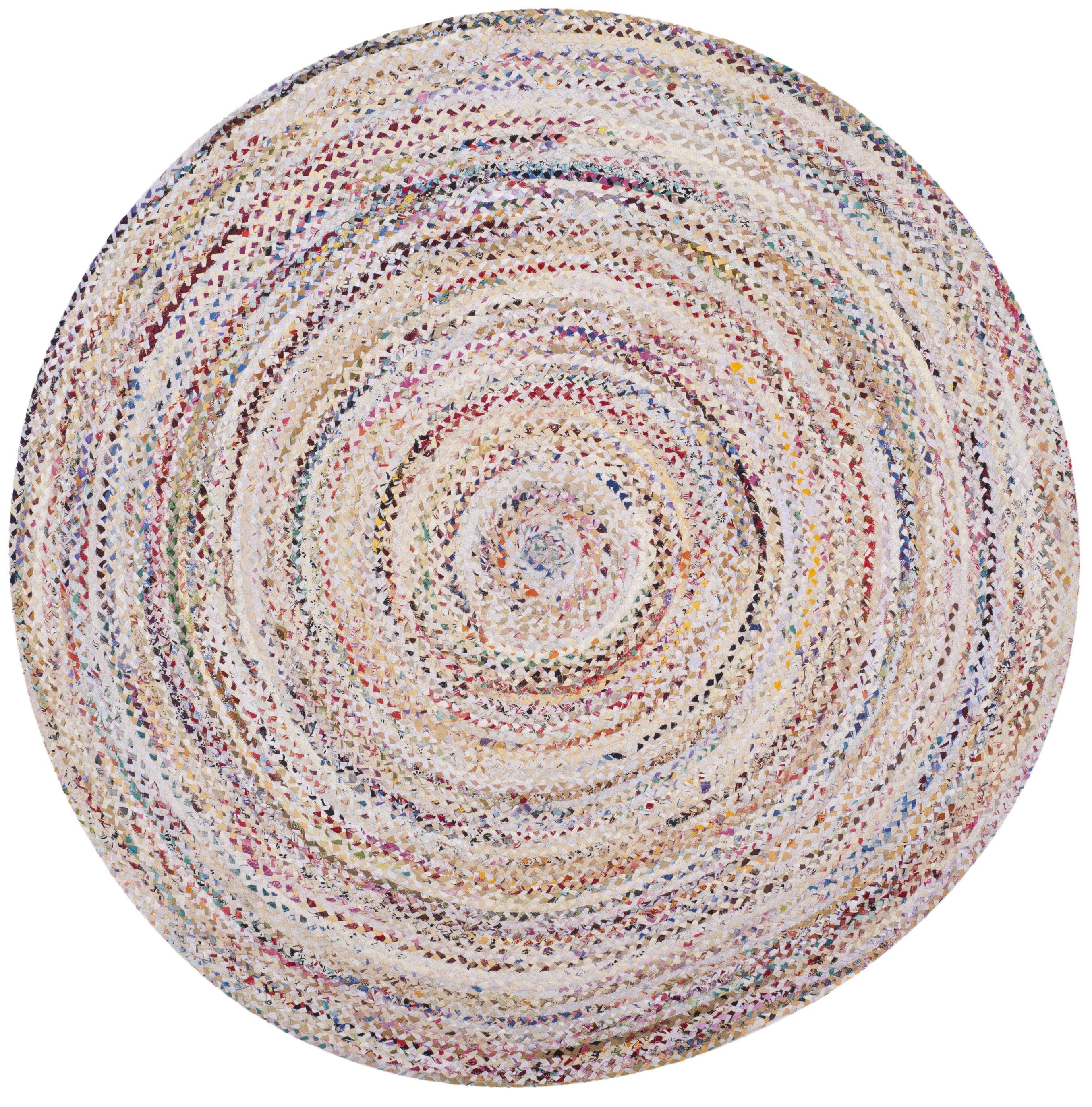 Ivory and Multicolor Round Braided Cotton Area Rug