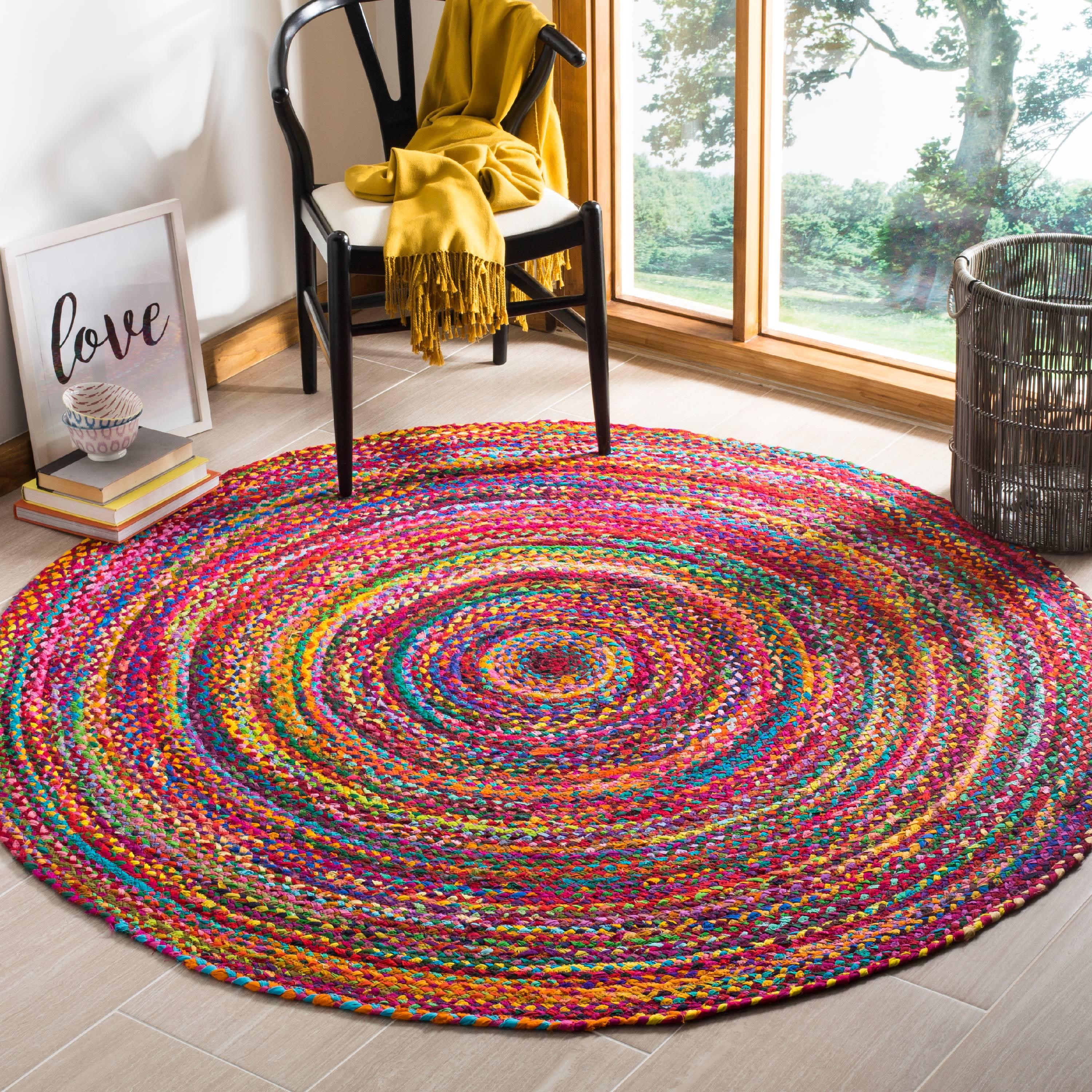 Handmade Red/Multi Braided Wool Cotton Round Rug, 3' x 3'