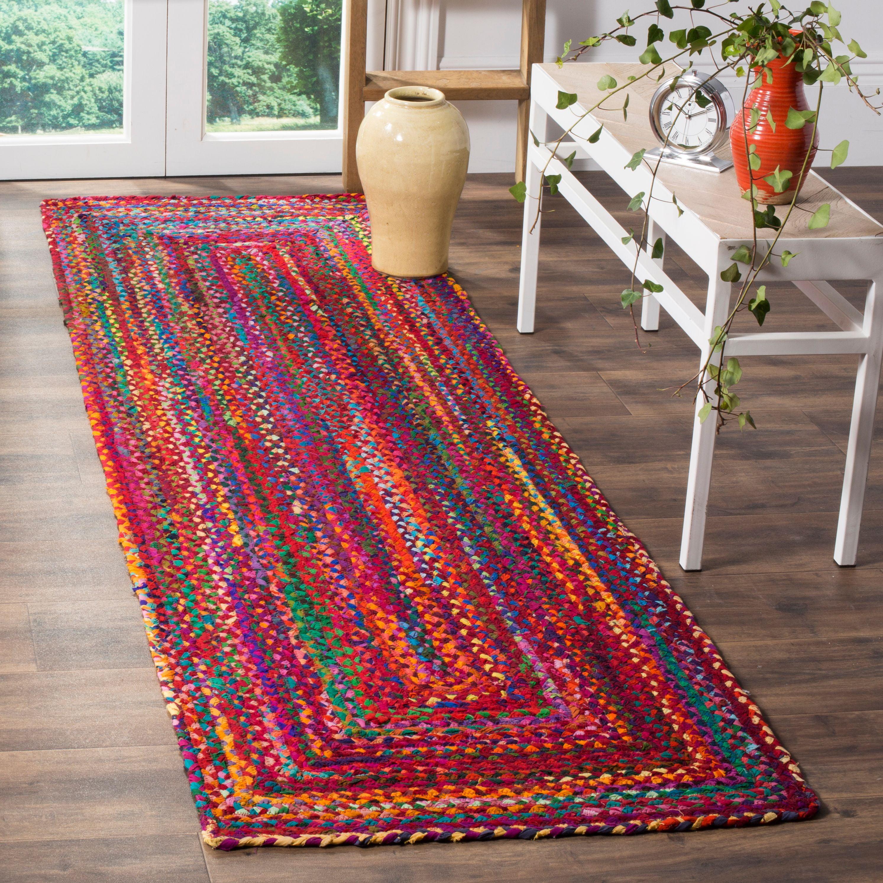 Handmade Red and Multicolor Braided Wool Cotton Runner Rug