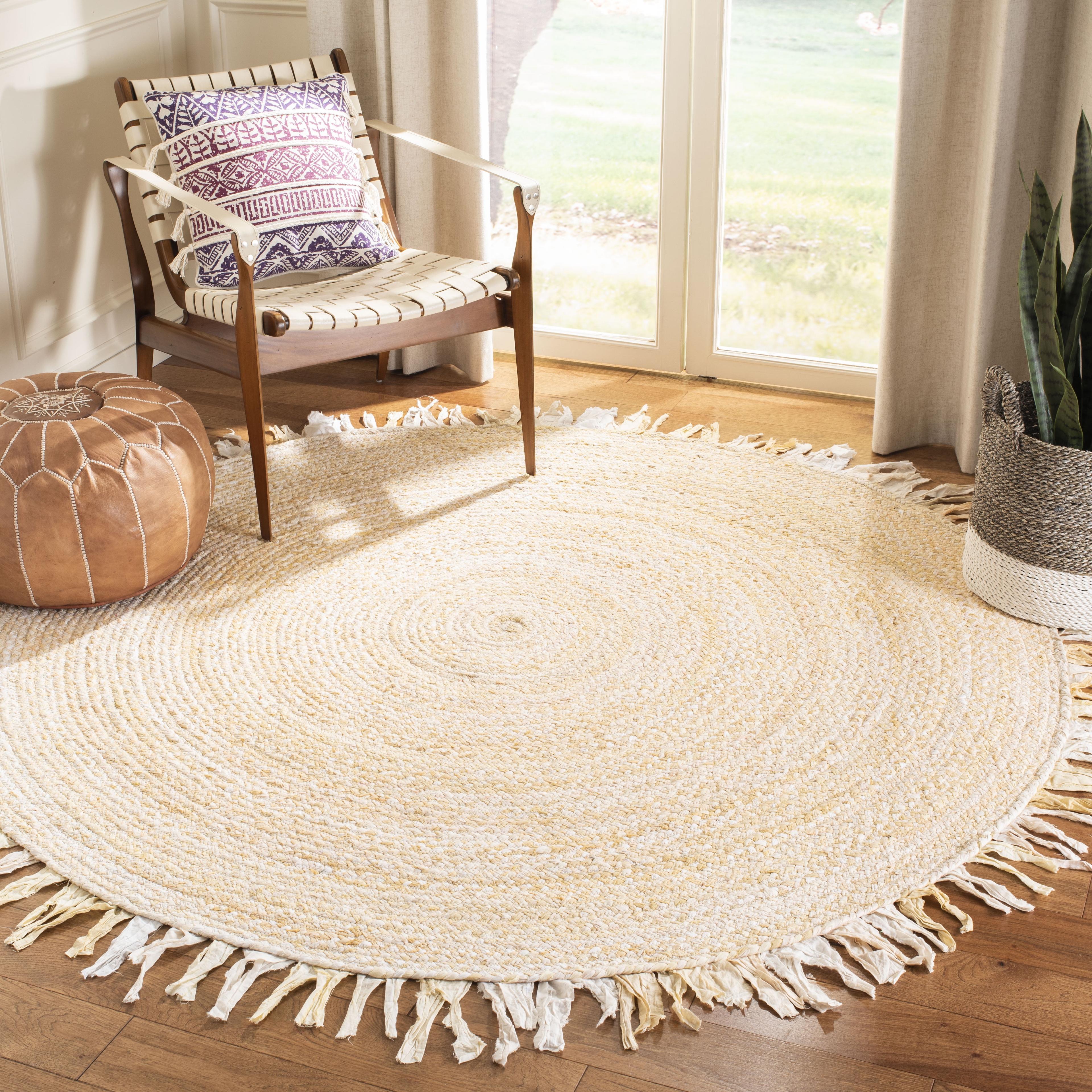 SAFAVIEH Braided Paisley Solid Fringe Area Rug, Beige, 5' x 5' Round