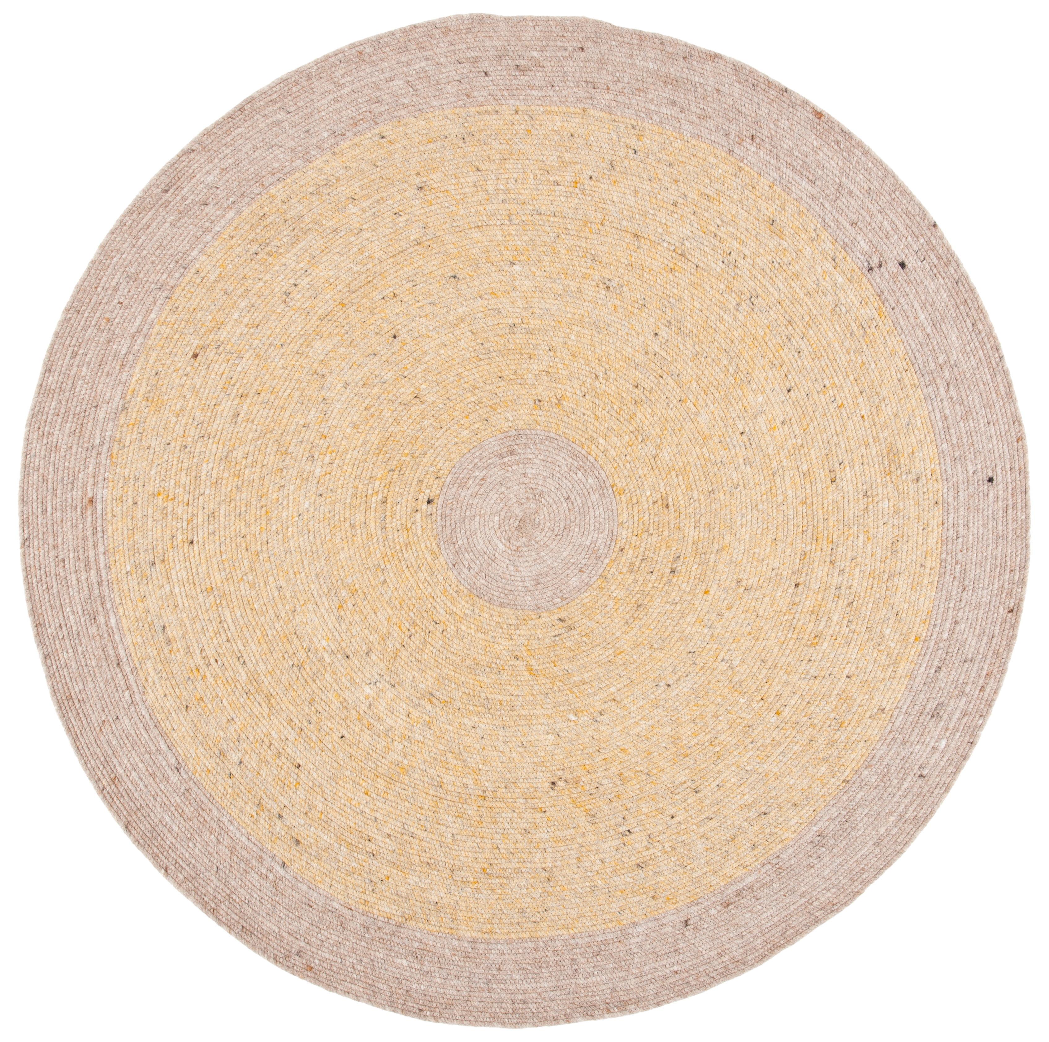 Handmade Gold and Beige Round Wool Braided Rug