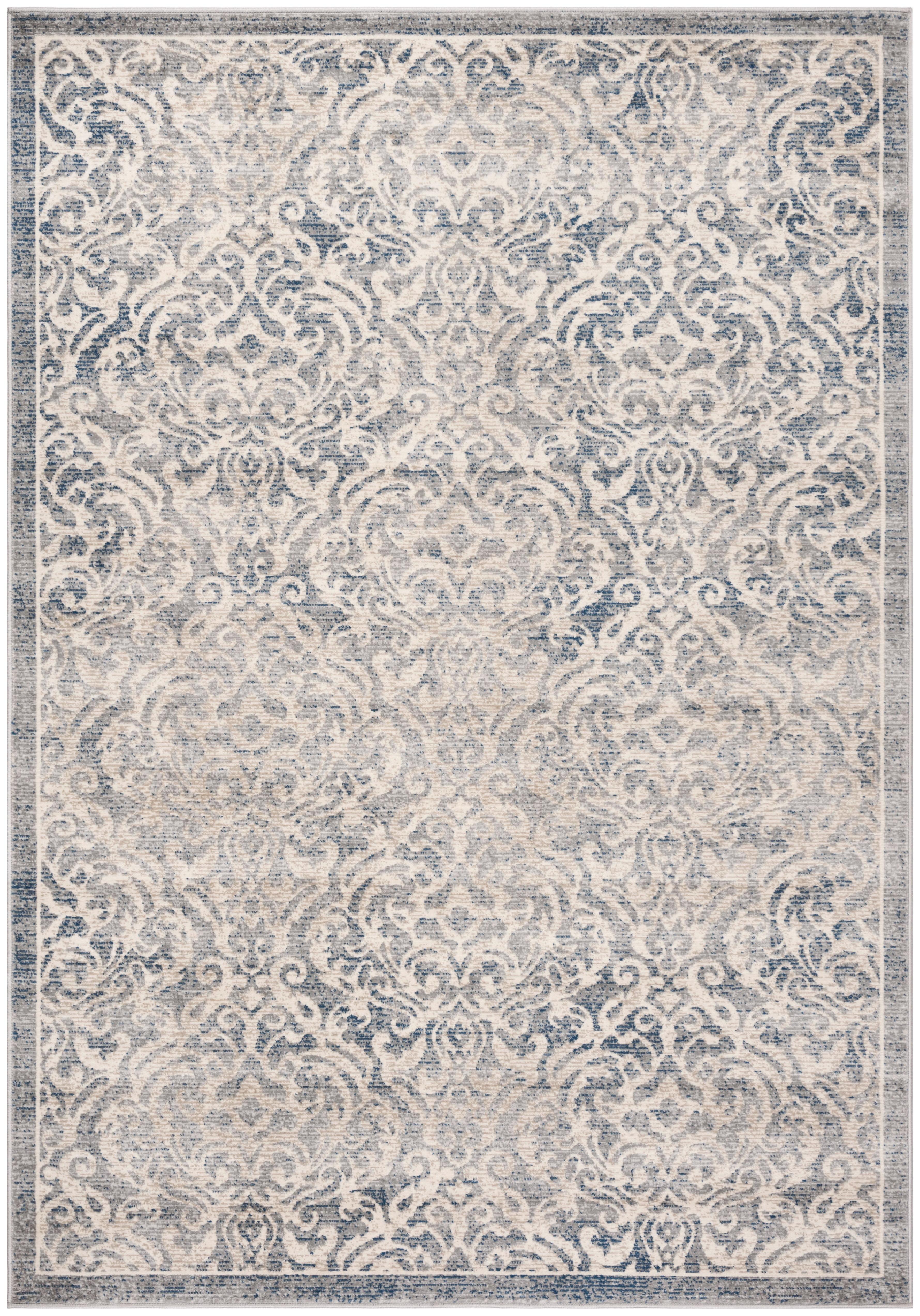 Light Grey and Blue Damask Low Pile Area Rug