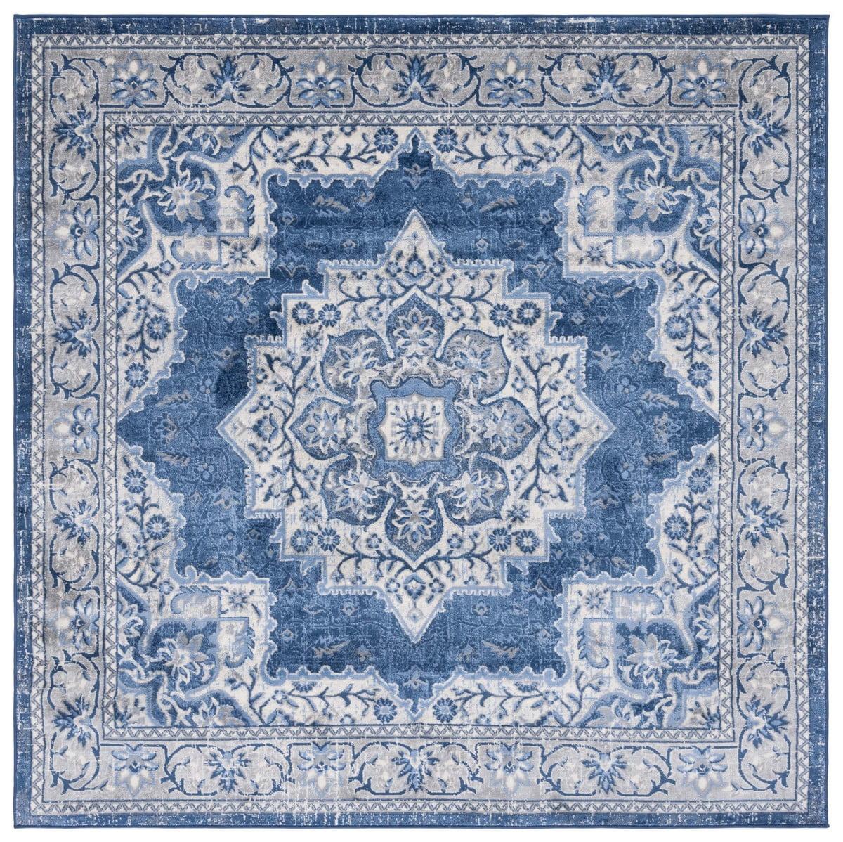 Ivory and Navy Synthetic Hand-Knotted Square Area Rug