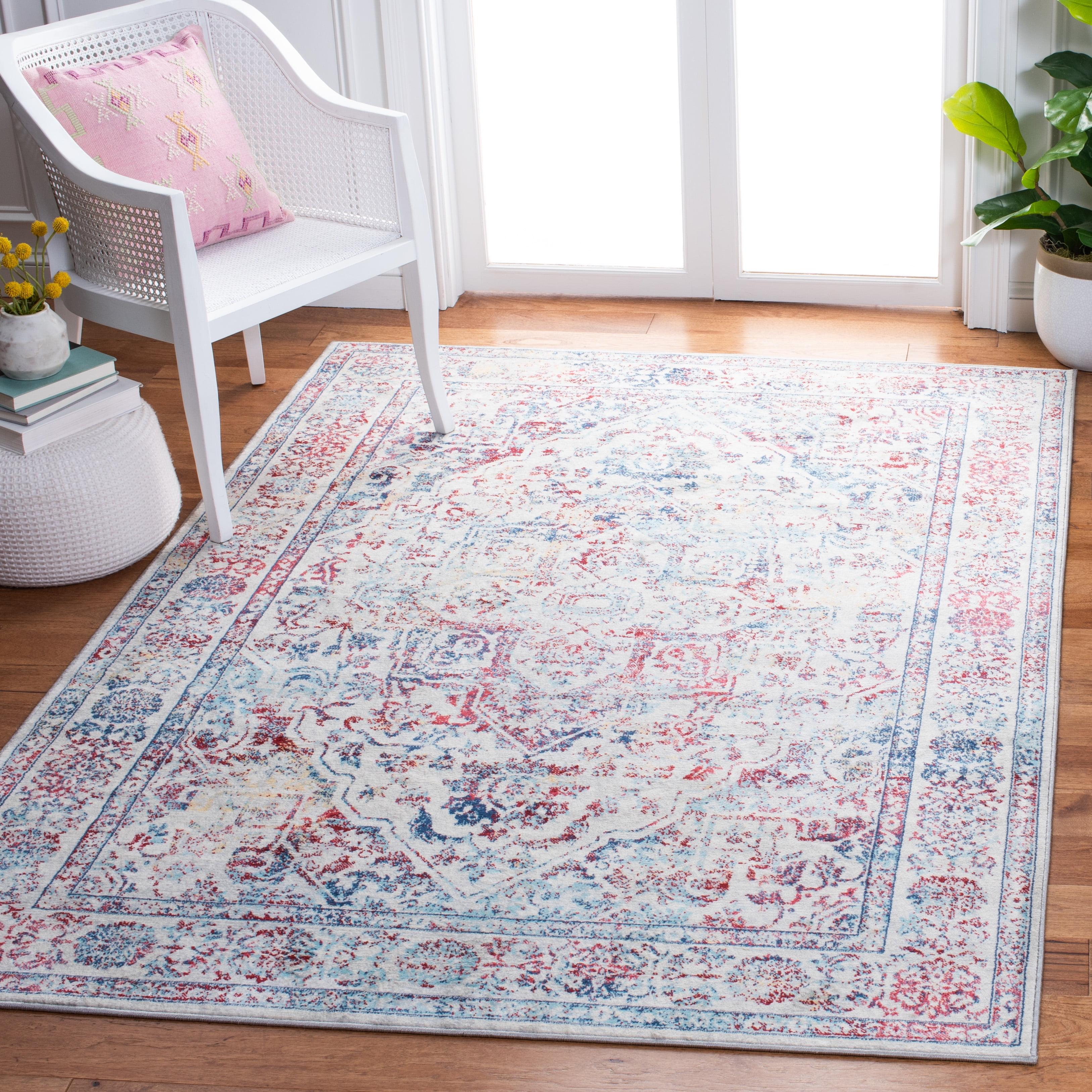 Ivory and Blue Rectangular Synthetic Stain-Resistant Area Rug