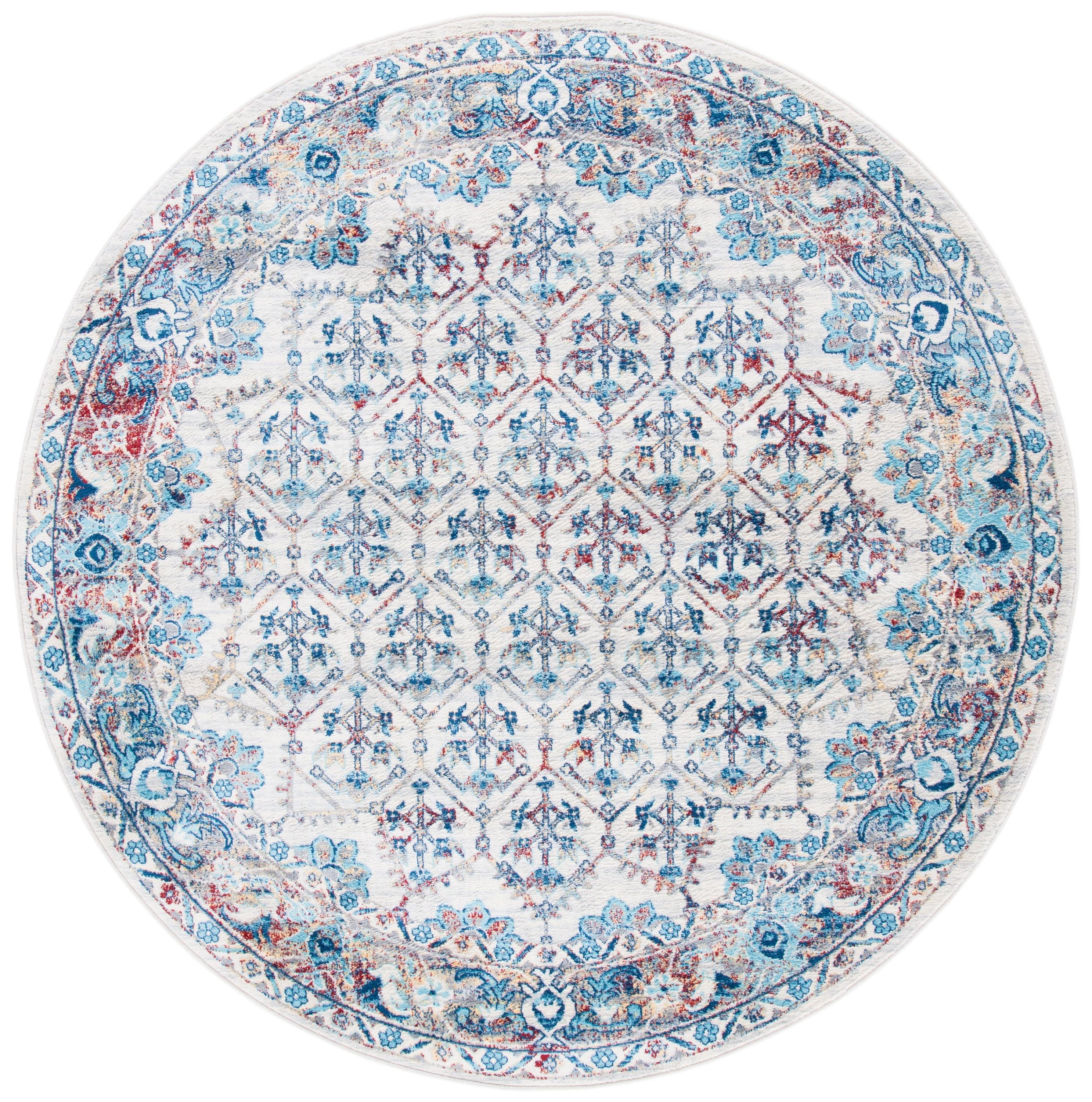 Ivory and Blue Round Synthetic Hand-Knotted Rug