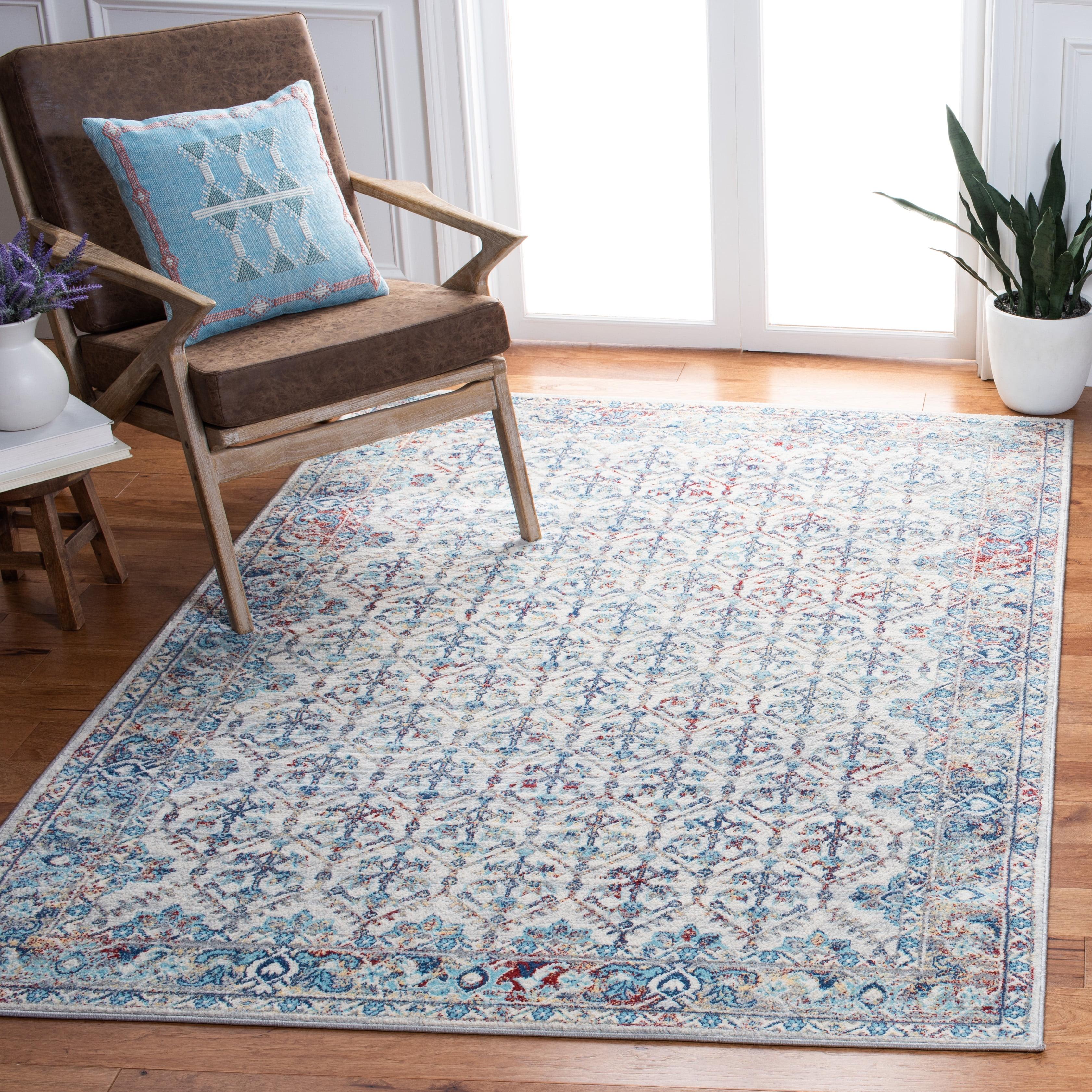 Ivory and Blue Square Synthetic Stain-Resistant Area Rug