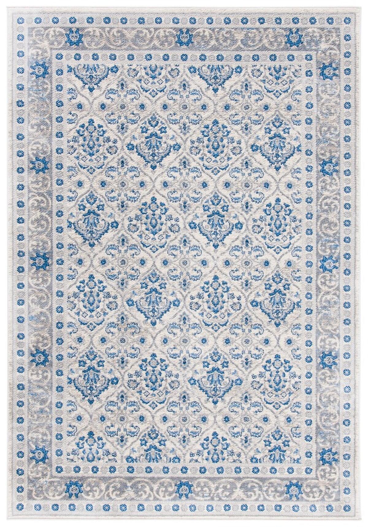 Ivory and Blue Hand-knotted Rectangular Synthetic Rug