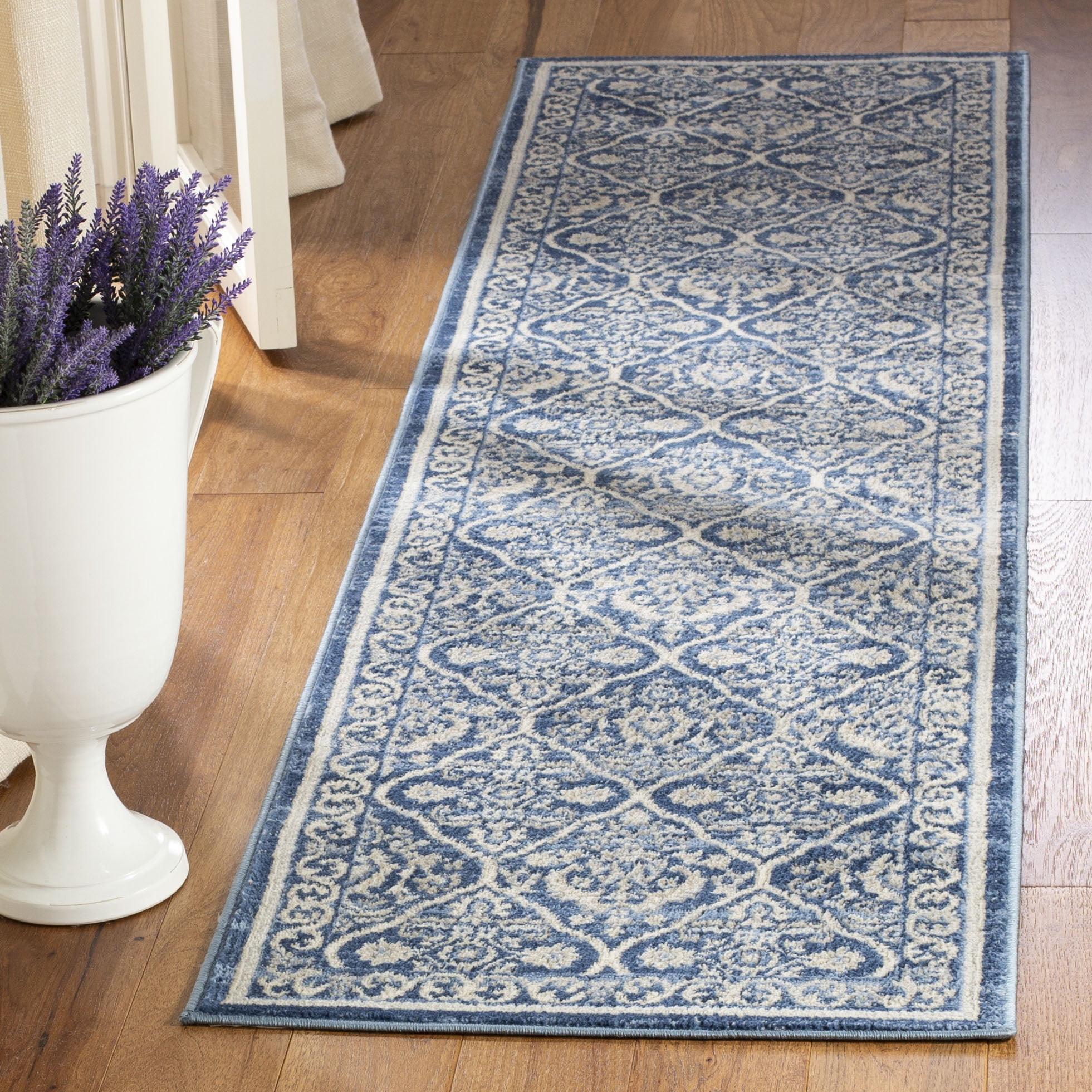 Navy & Light Grey Synthetic 2' x 14' Hand-knotted Runner Rug