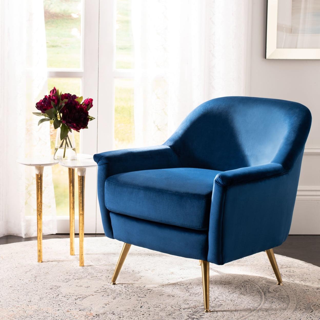 Luxurious Navy Velvet Wood Accent Arm Chair with Brass Legs