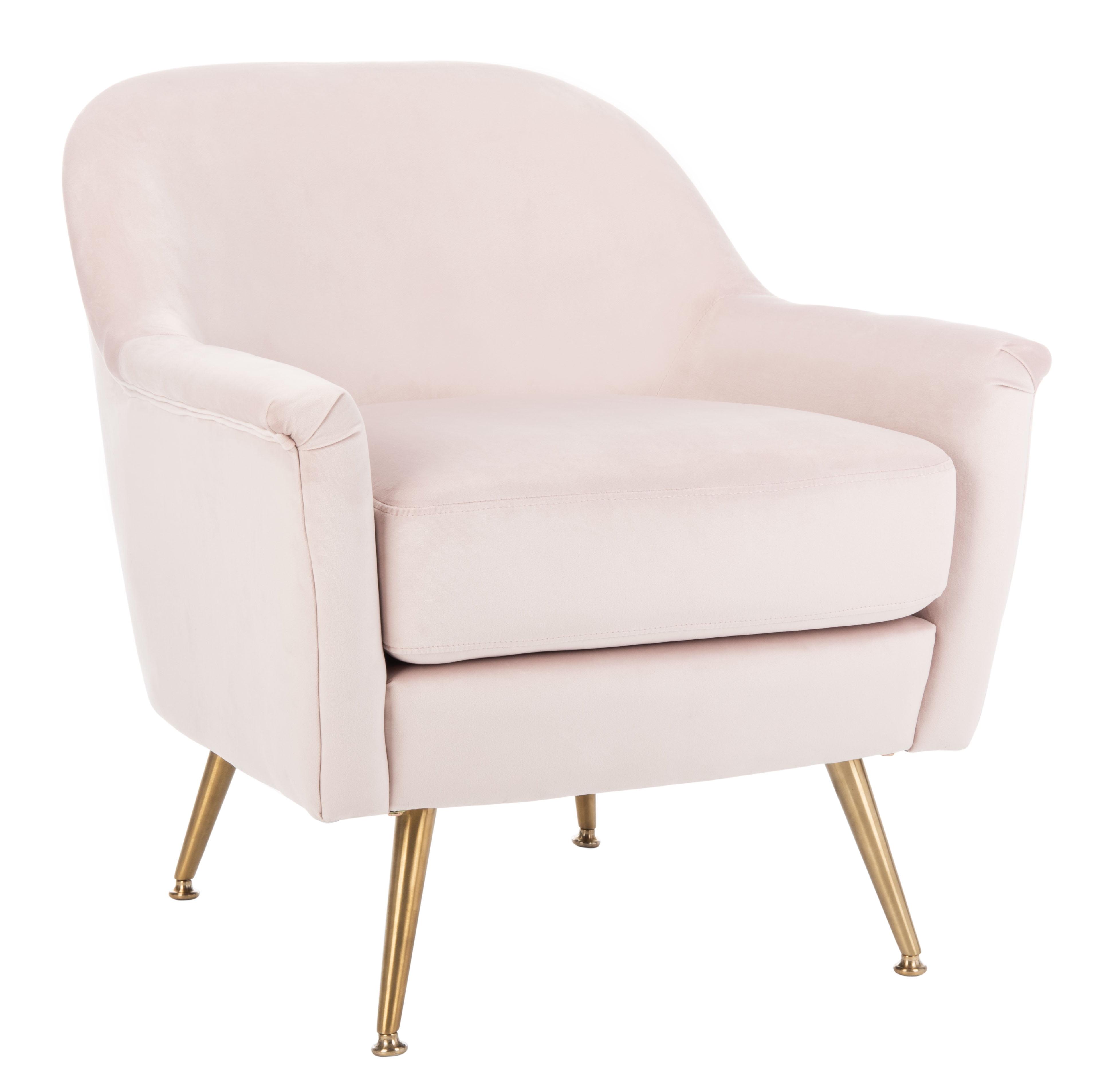 Blush Pink Velvet & Wood Contemporary Arm Chair with Brass Legs