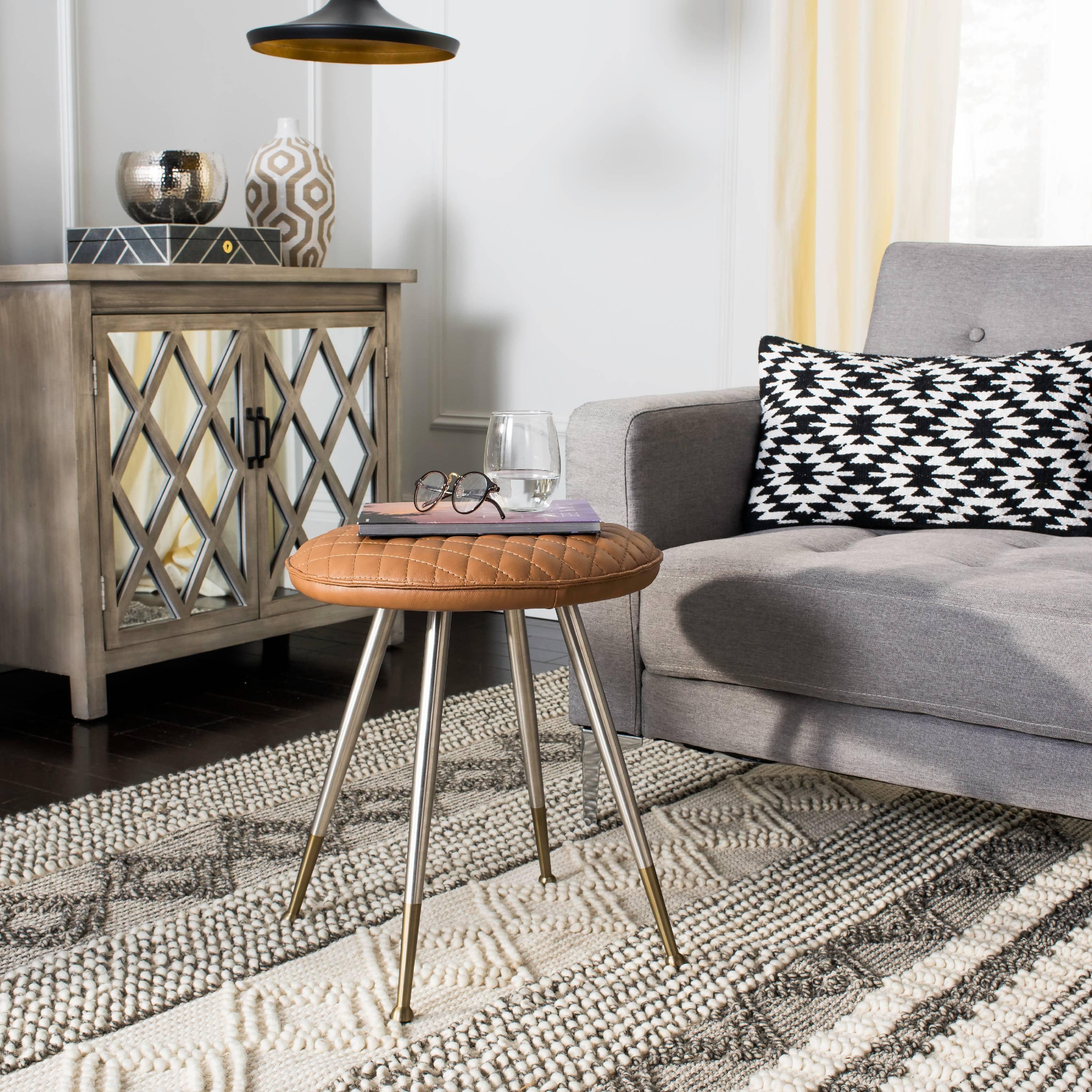 Transitional Brinley 17'' Brown Metal Stool with Camel Quilted Upholstery