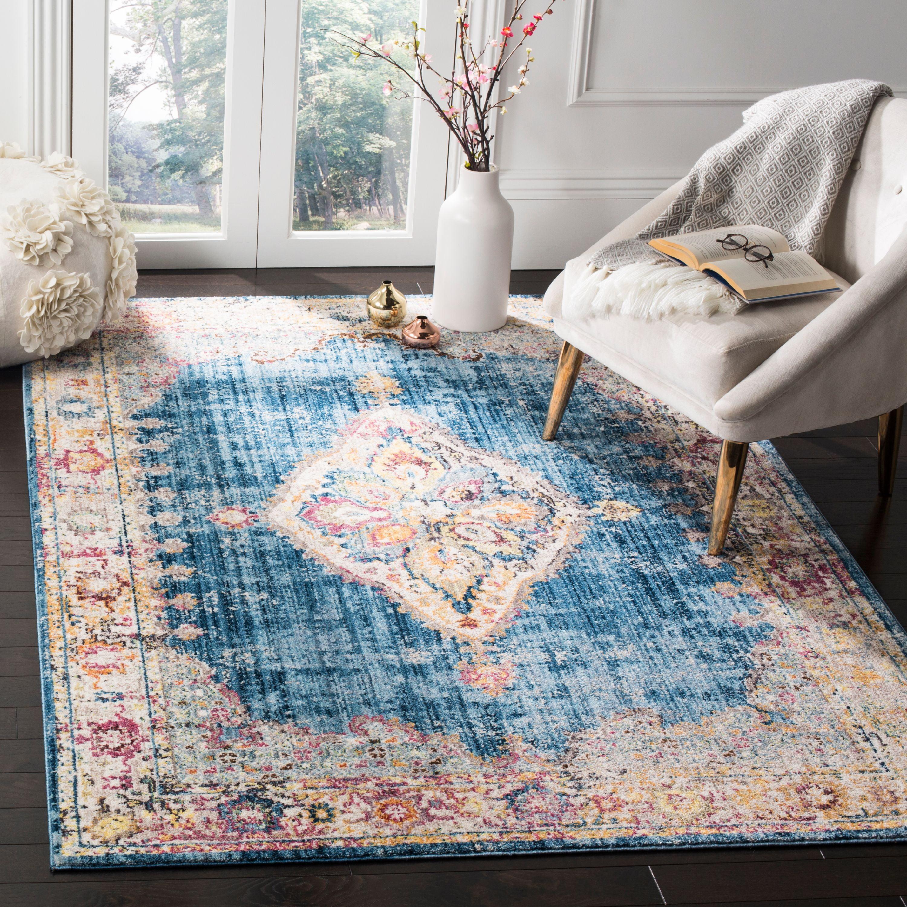 SAFAVIEH Bristol Kyler Traditional Polyester Area Rug, Blue/Ivory, 5'1" x 7'6"